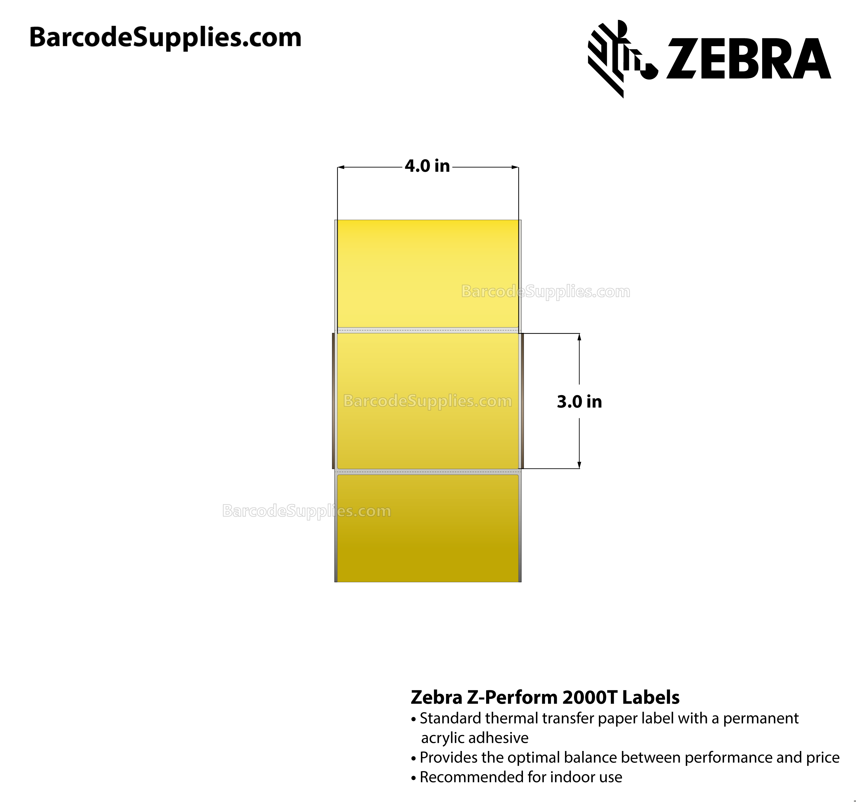 4 x 3 Thermal Transfer Yellow - Pantone Yellow Z-Perform 2000T Floodcoated (Yellow) Labels With Permanent Adhesive - Perforated - 1840 Labels Per Roll - Carton Of 4 Rolls - 7360 Labels Total - MPN: 10006209-1