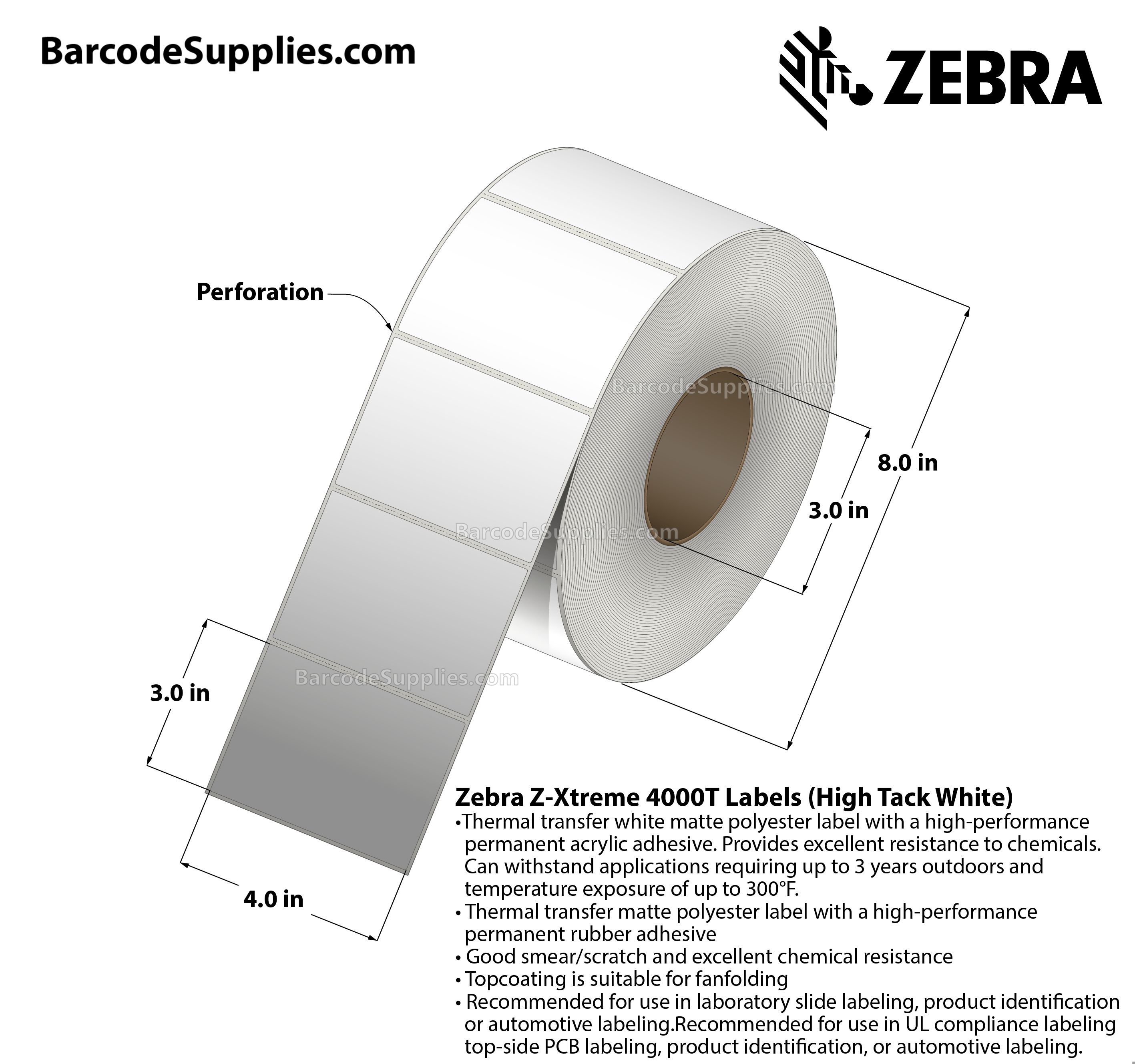 4 x 3 Thermal Transfer White Z-Xtreme 4000T High-Tack White Labels With High-tack Adhesive - Perforated - 1000 Labels Per Roll - Carton Of 1 Rolls - 1000 Labels Total - MPN: 10023233