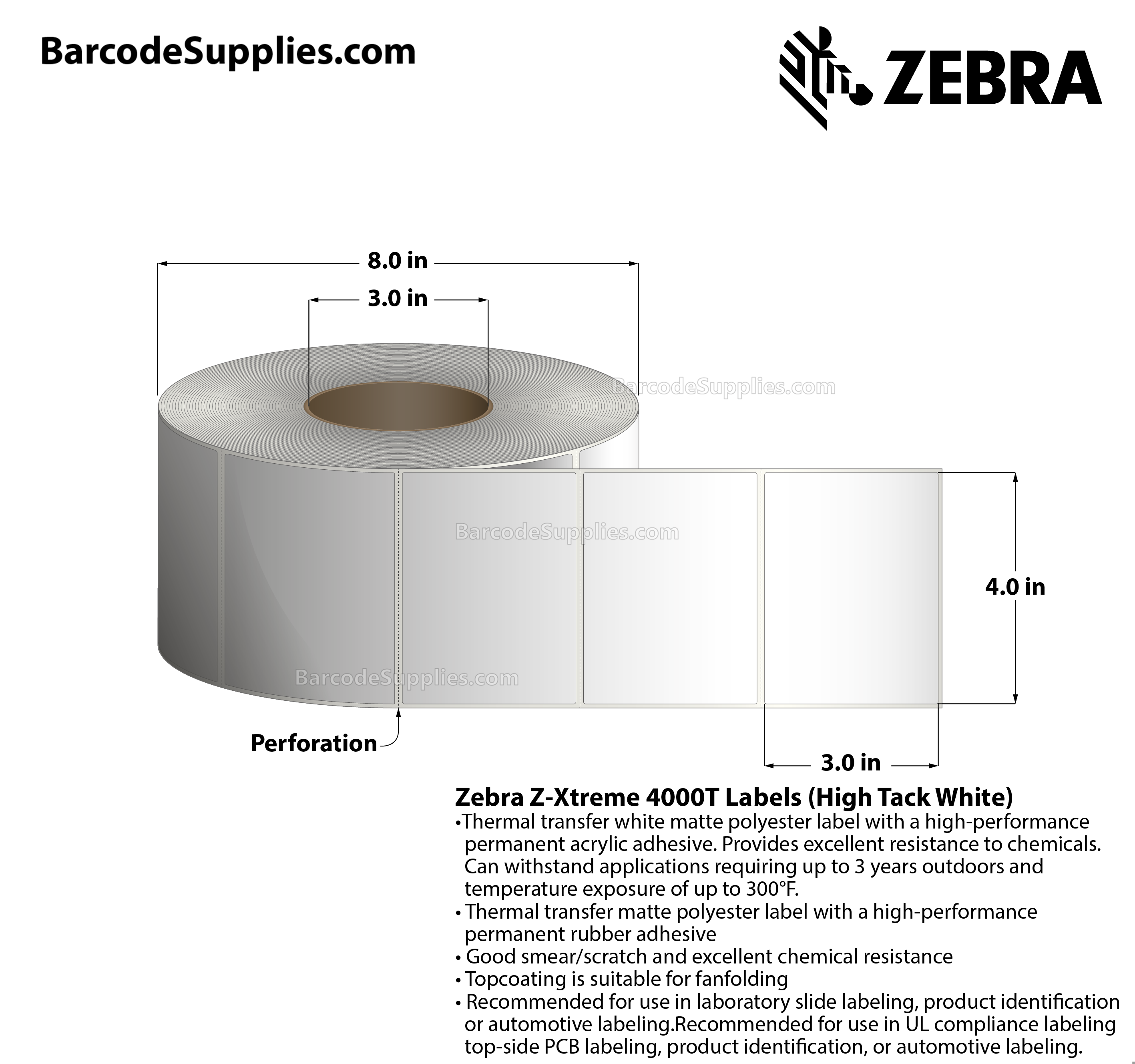 4 x 3 Thermal Transfer White Z-Xtreme 4000T High-Tack White Labels With High-tack Adhesive - Perforated - 1000 Labels Per Roll - Carton Of 1 Rolls - 1000 Labels Total - MPN: 10023233