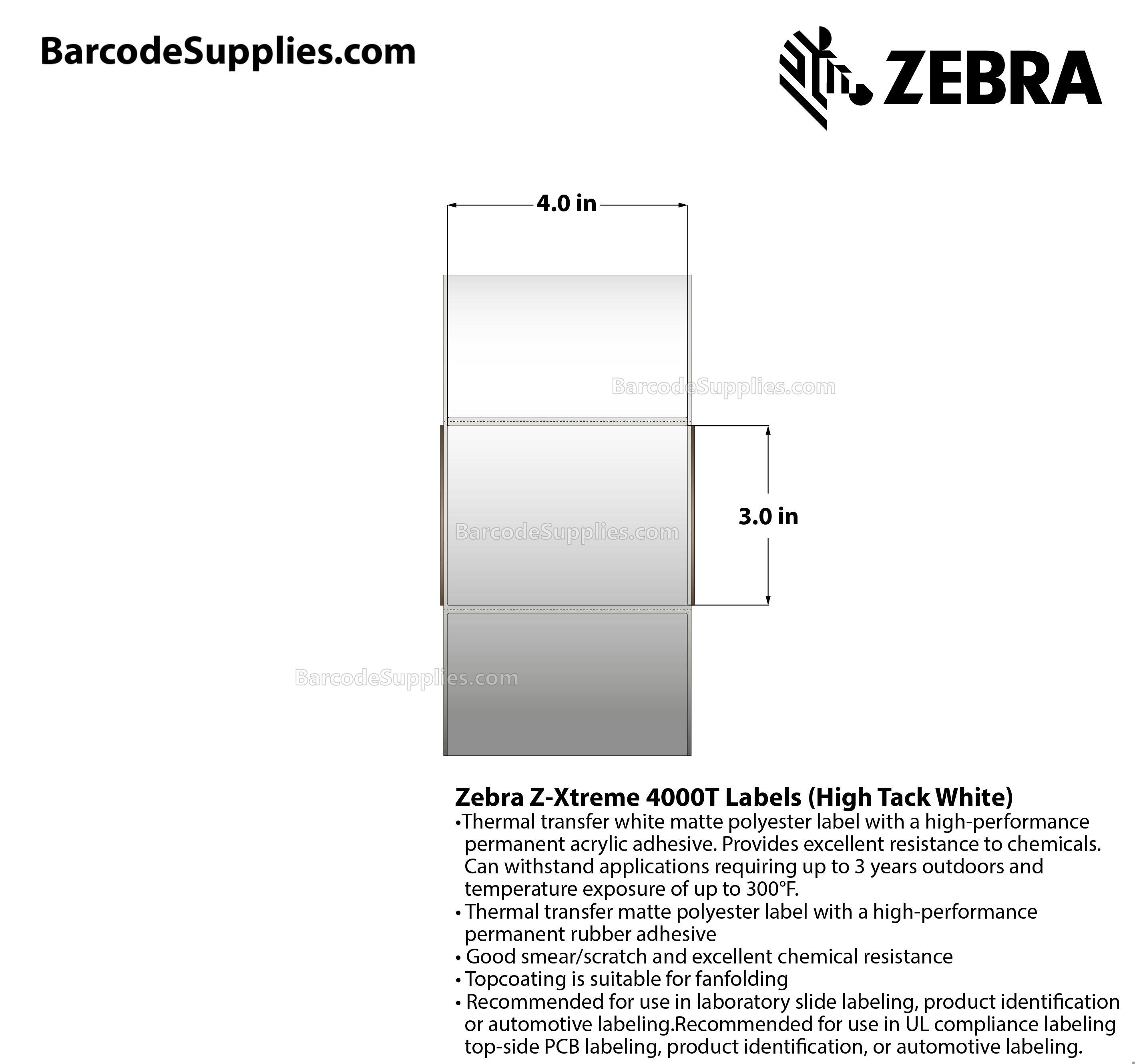 4 x 3 Thermal Transfer White Z-Xtreme 4000T High-Tack White Labels With High-tack Adhesive - Perforated - 1000 Labels Per Roll - Carton Of 1 Rolls - 1000 Labels Total - MPN: 10023233