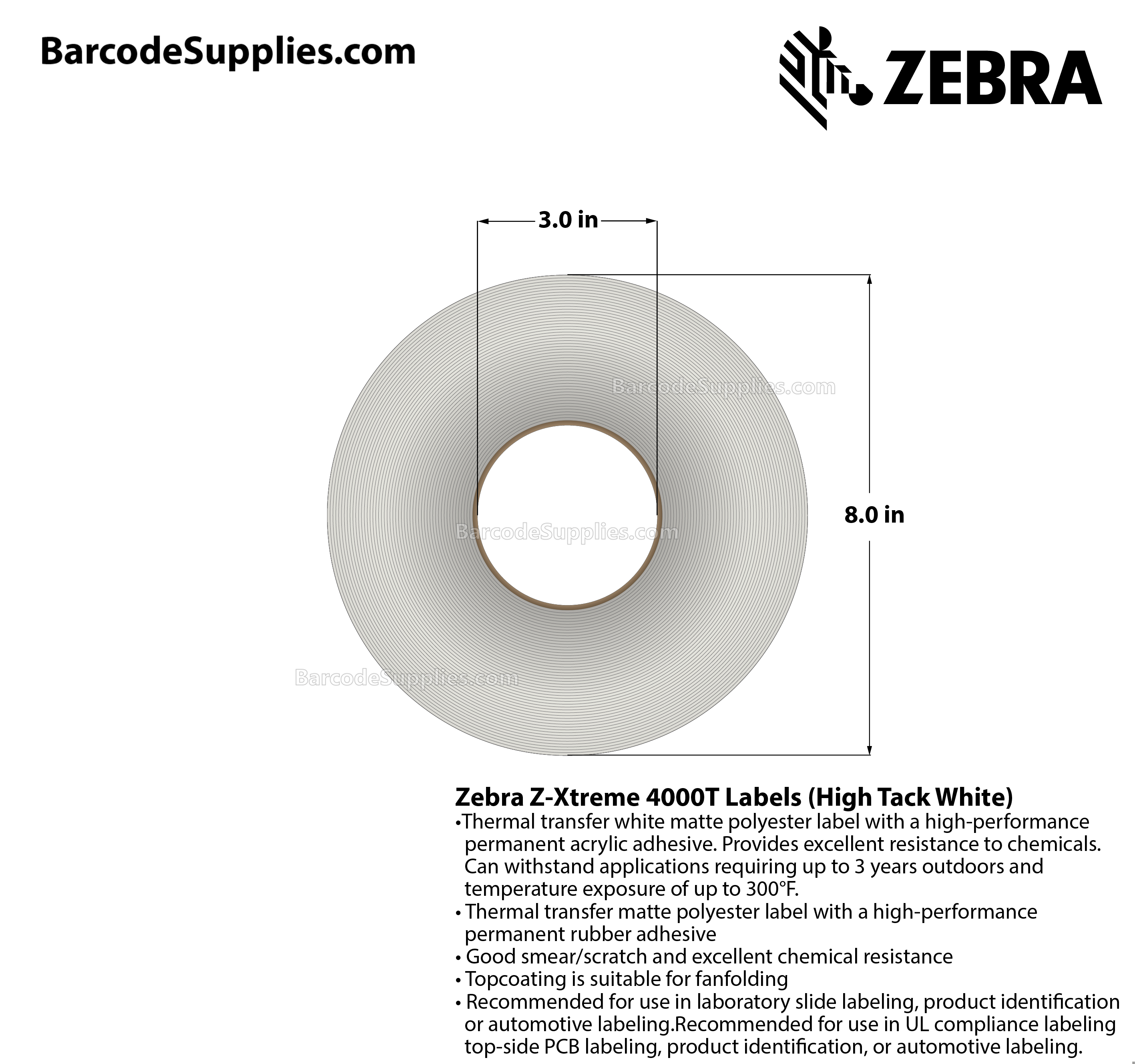 4 x 3 Thermal Transfer White Z-Xtreme 4000T High-Tack White Labels With High-tack Adhesive - Perforated - 1000 Labels Per Roll - Carton Of 1 Rolls - 1000 Labels Total - MPN: 10023233