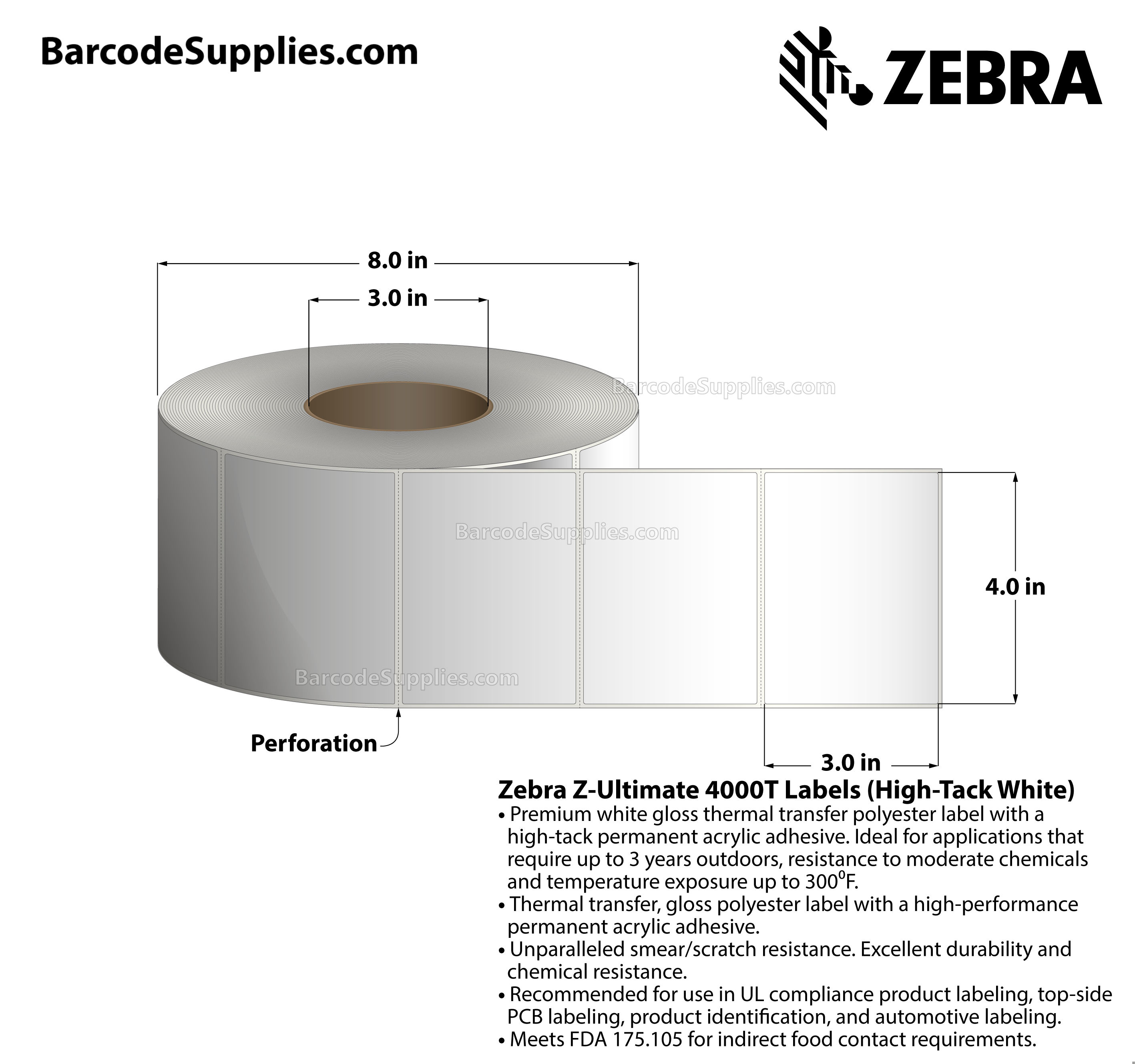 4 x 3 Thermal Transfer White Z-Ultimate 4000T High-Tack White Labels With High-tack Adhesive - Perforated - 1000 Labels Per Roll - Carton Of 1 Rolls - 1000 Labels Total - MPN: 10023061