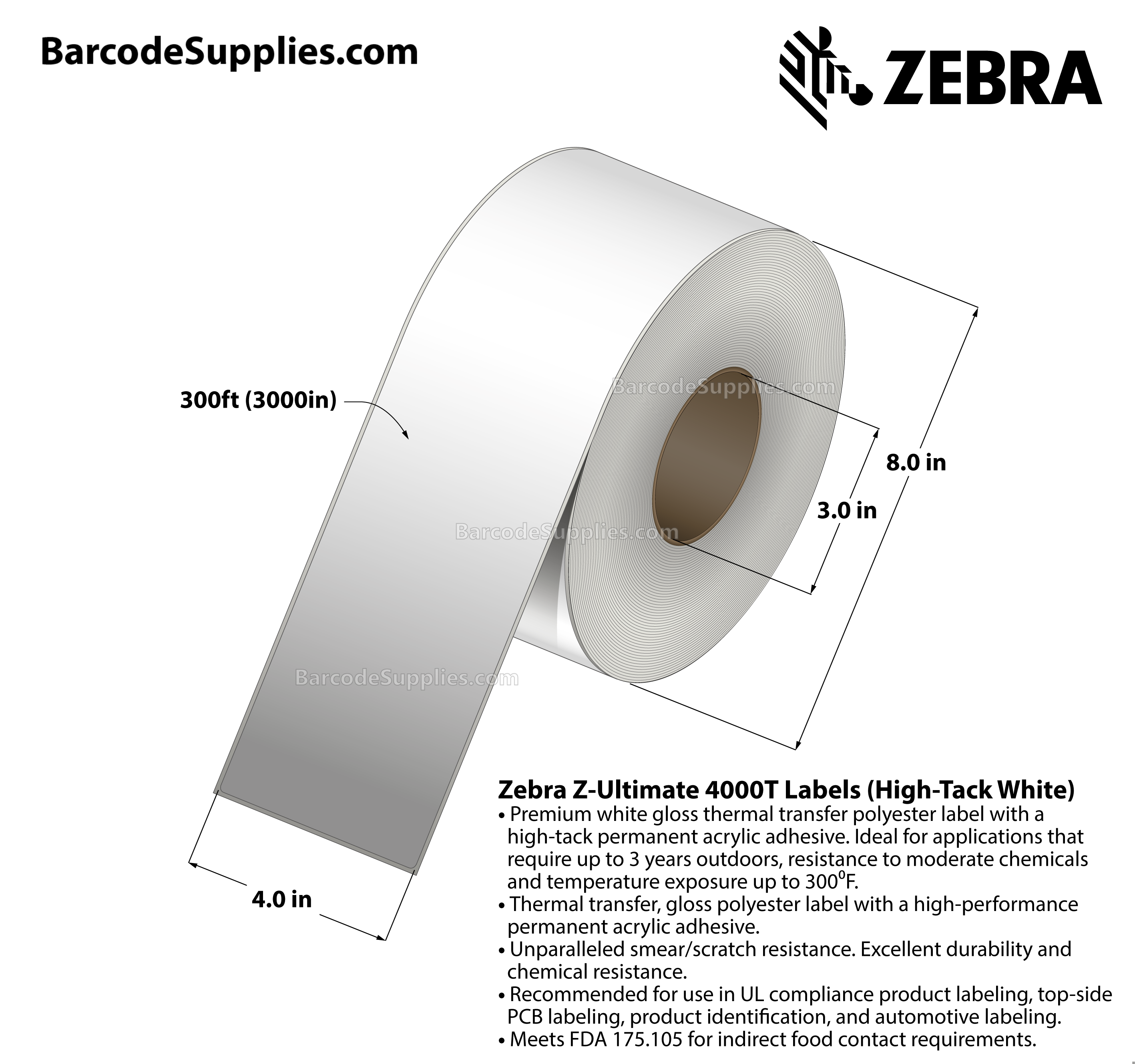 4 x 300' Thermal Transfer White Z-Ultimate 4000T High-Tack White Labels With High-tack Adhesive - Continuous - Labels Per Roll - Carton Of 1 Rolls - 0 Labels Total - MPN: 10023063