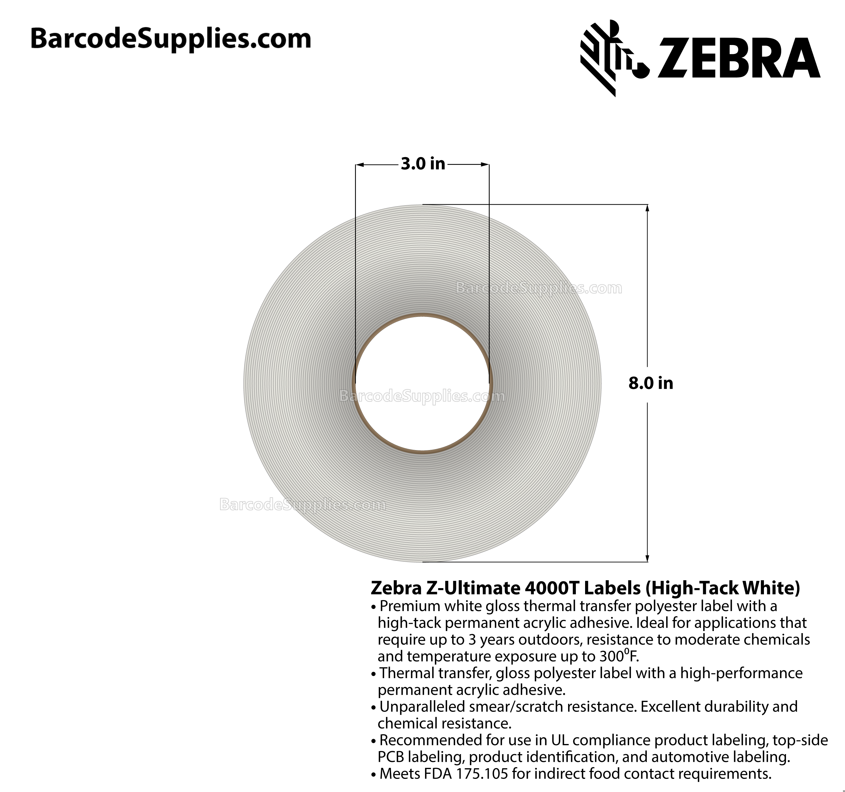 4 x 300' Thermal Transfer White Z-Ultimate 4000T High-Tack White Labels With High-tack Adhesive - Continuous - Labels Per Roll - Carton Of 1 Rolls - 0 Labels Total - MPN: 10023063