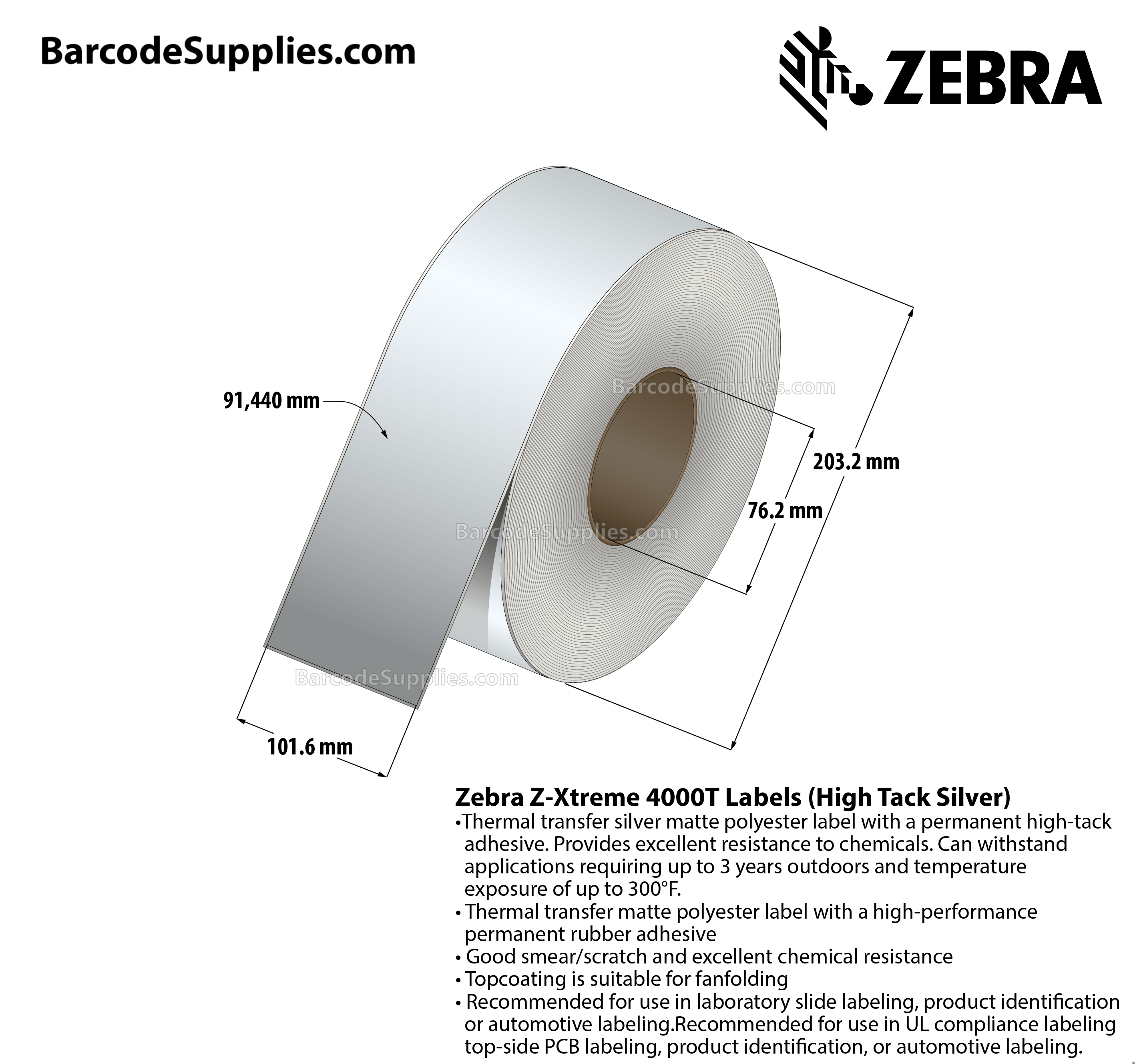 3 x 300' Thermal Transfer White Z-Xtreme 4000T High-Tack White Labels With High-tack Adhesive - Continuous - Labels Per Roll - Carton Of 1 Rolls - 0 Labels Total - MPN: 10023231