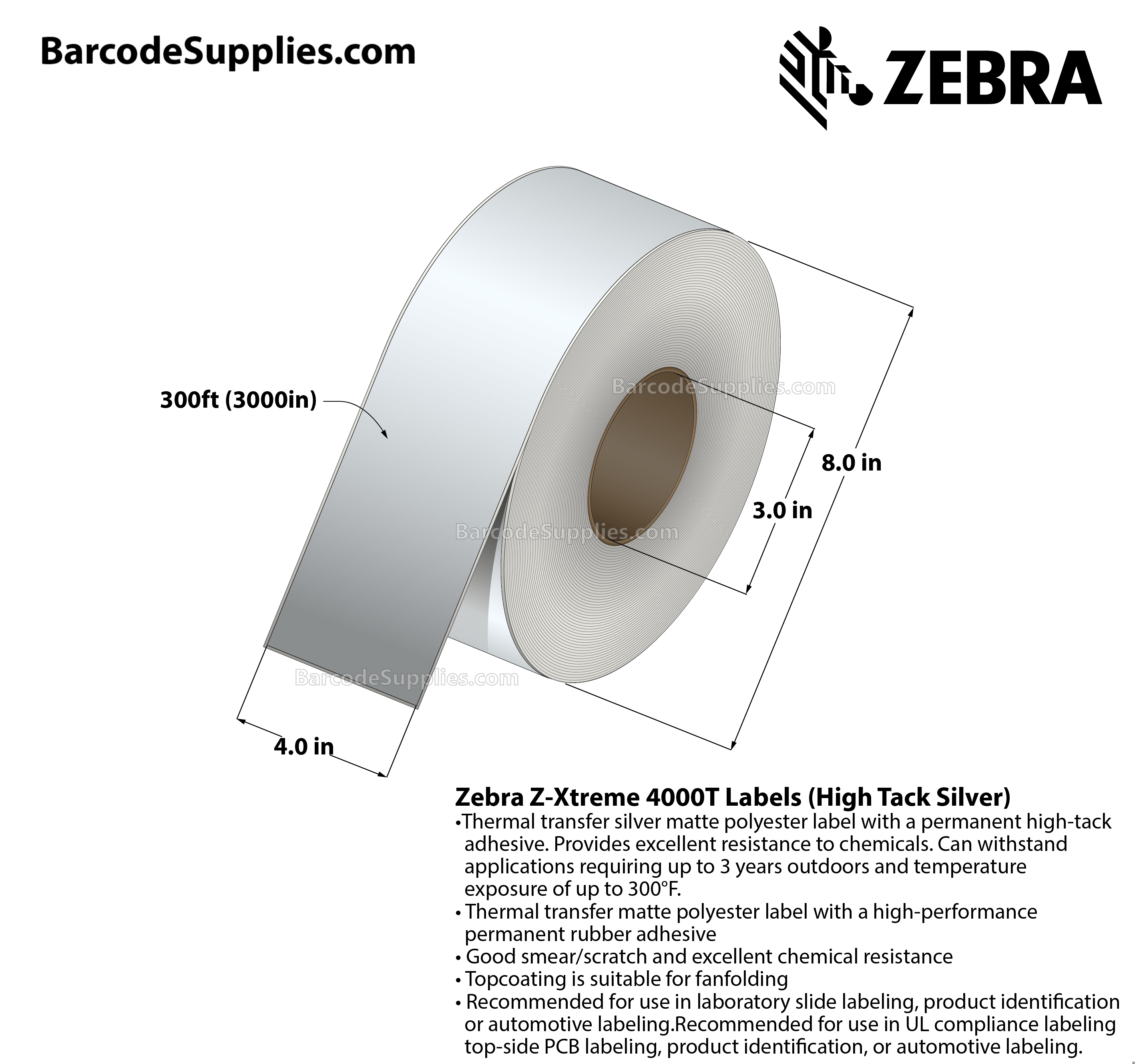 3 x 300' Thermal Transfer White Z-Xtreme 4000T High-Tack White Labels With High-tack Adhesive - Continuous - Labels Per Roll - Carton Of 1 Rolls - 0 Labels Total - MPN: 10023231