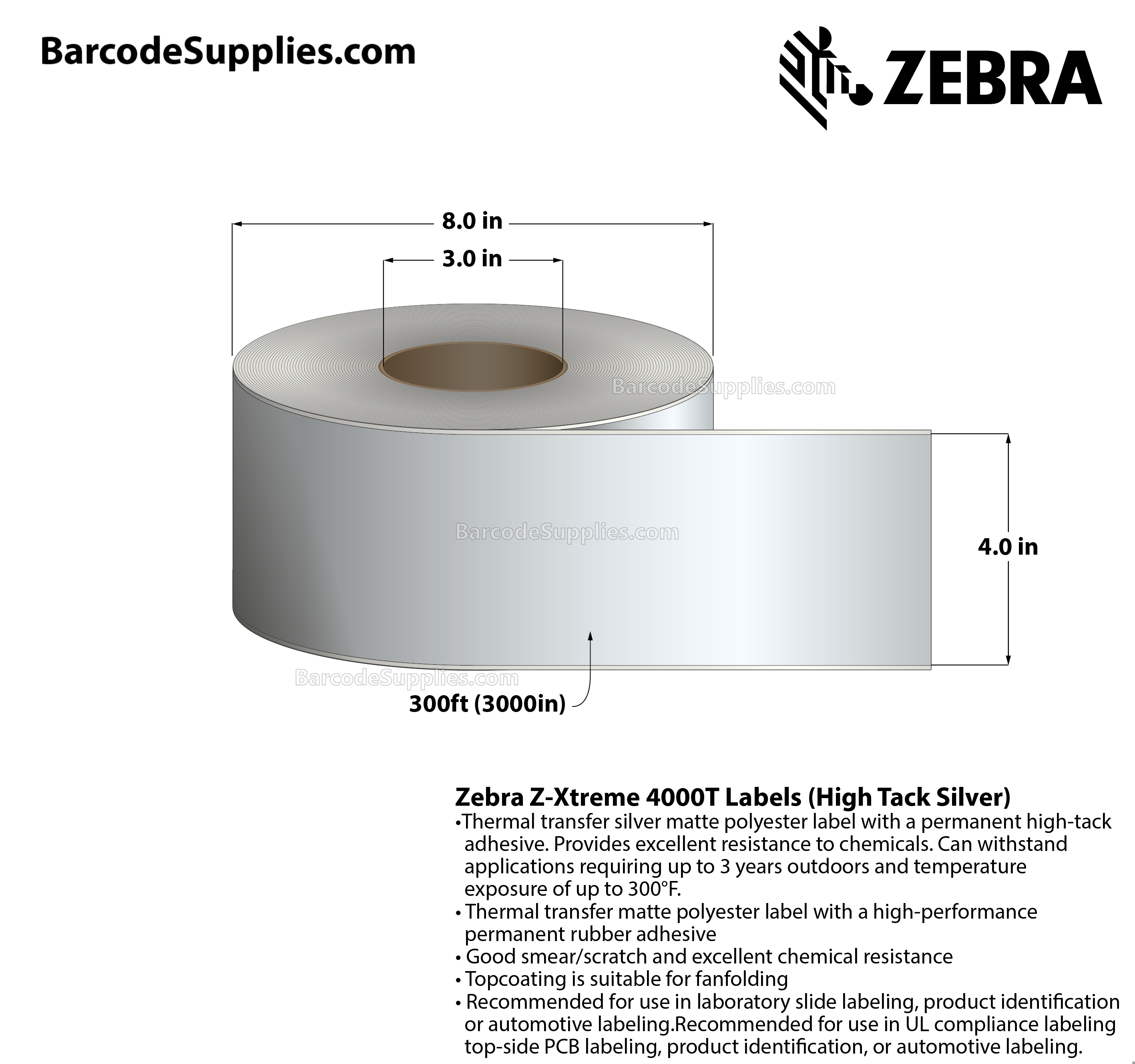 3 x 300' Thermal Transfer White Z-Xtreme 4000T High-Tack White Labels With High-tack Adhesive - Continuous - Labels Per Roll - Carton Of 1 Rolls - 0 Labels Total - MPN: 10023231