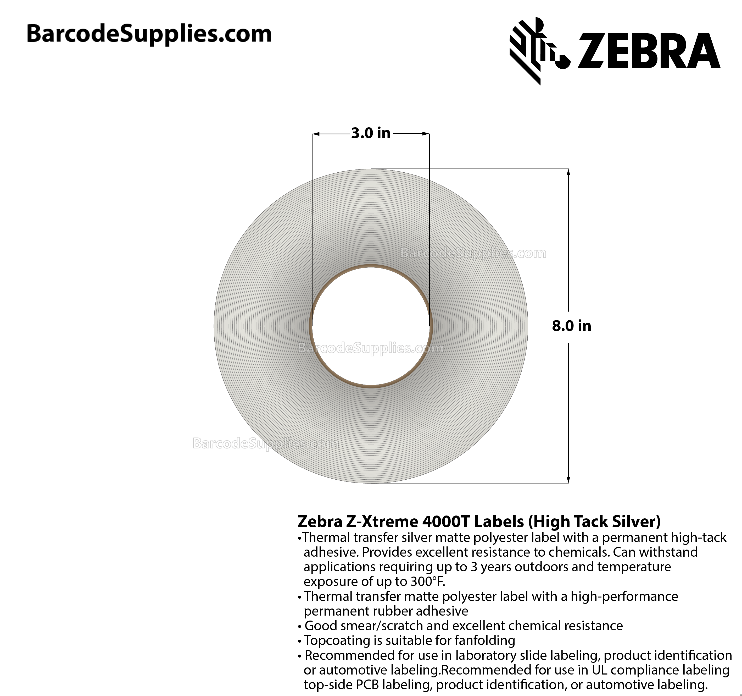 3 x 300' Thermal Transfer White Z-Xtreme 4000T High-Tack White Labels With High-tack Adhesive - Continuous - Labels Per Roll - Carton Of 1 Rolls - 0 Labels Total - MPN: 10023231