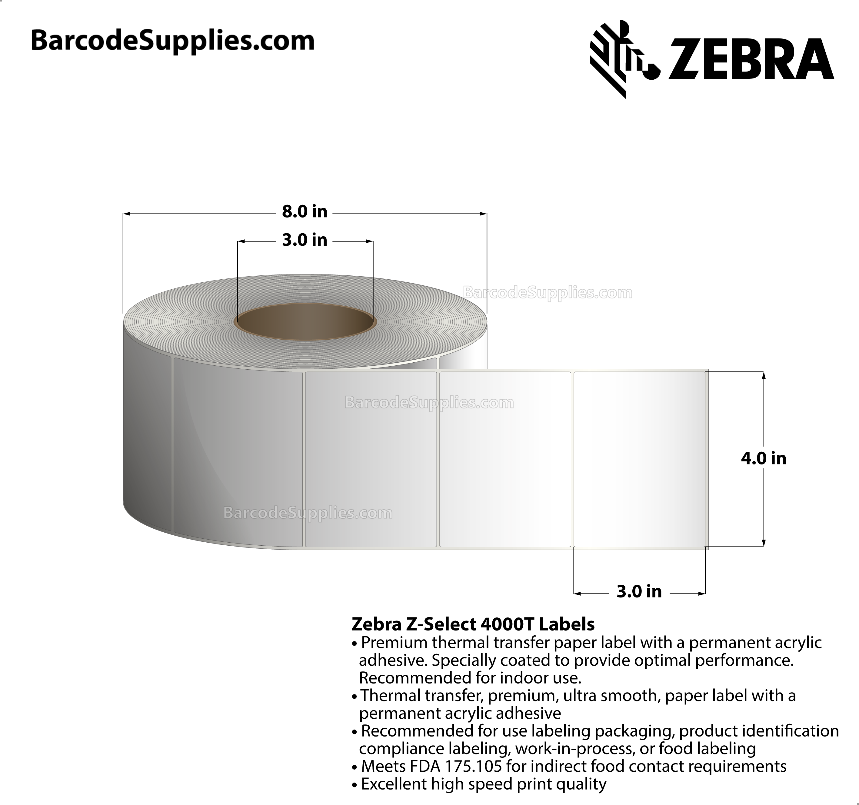 Products 4 x 3 Thermal Transfer White Z-Select 4000T Labels With Permanent Adhesive - Not Perforated - 1870 Labels Per Roll - Carton Of 4 Rolls - 7480 Labels Total - MPN: 72291