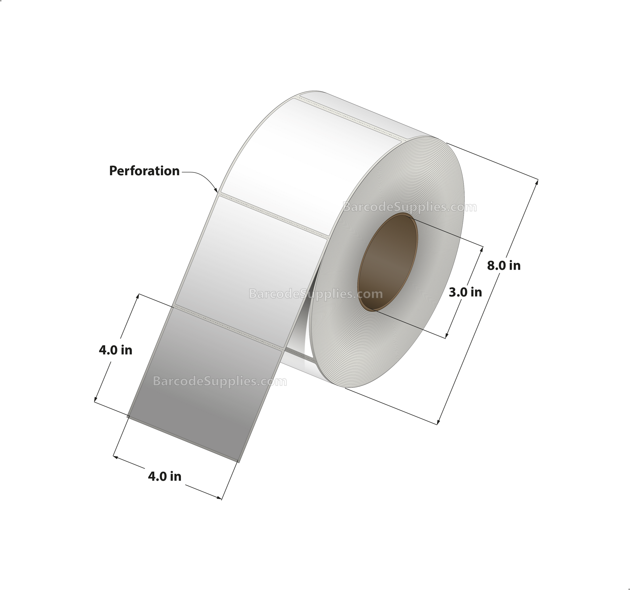 4 x 4 Thermal Transfer White Labels With Permanent Acrylic Adhesive - Perforated - 1500 Labels Per Roll - Carton Of 4 Rolls - 6000 Labels Total - MPN: TH44-1P