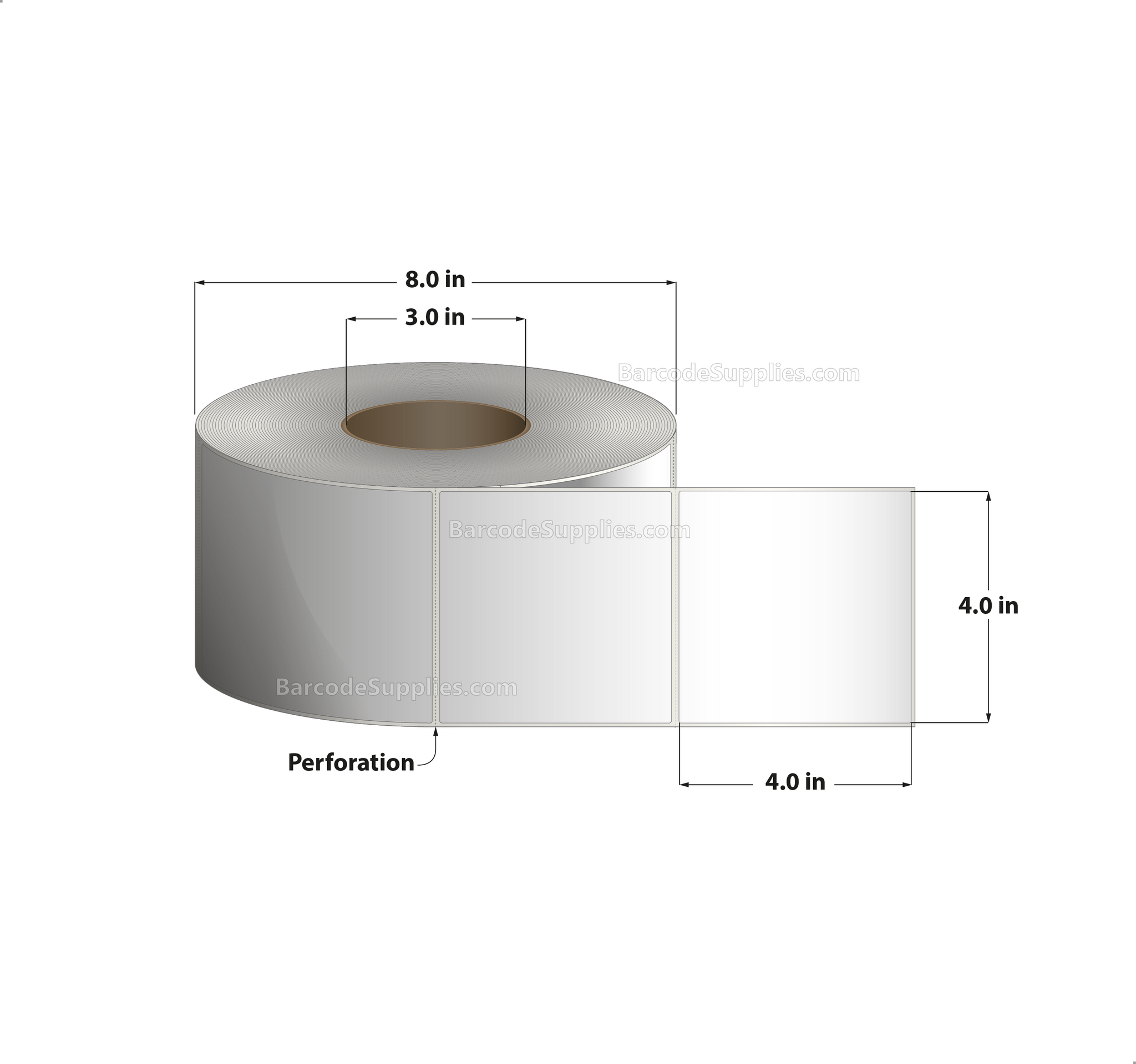 4 x 4 Direct Thermal White Labels With Acrylic Adhesive - Perforated - 1500 Labels Per Roll - Carton Of 4 Rolls - 6000 Labels Total - MPN: RDE-4-4-1500-3