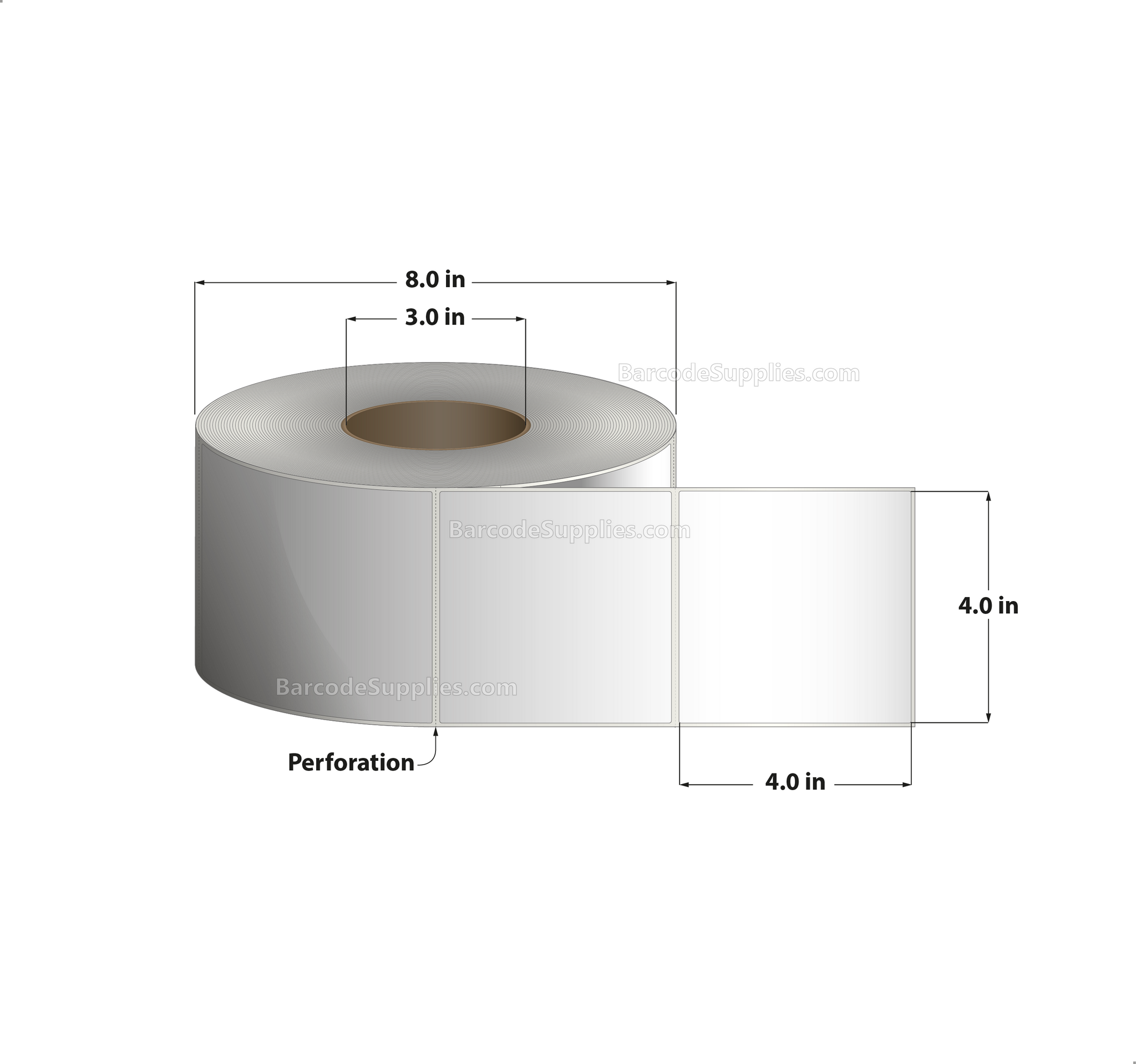 4 x 4 Direct Thermal White Labels With Permanent Acrylic Adhesive - Perforated - 1500 Labels Per Roll - Carton Of 4 Rolls - 6000 Labels Total - MPN: DT44-1P