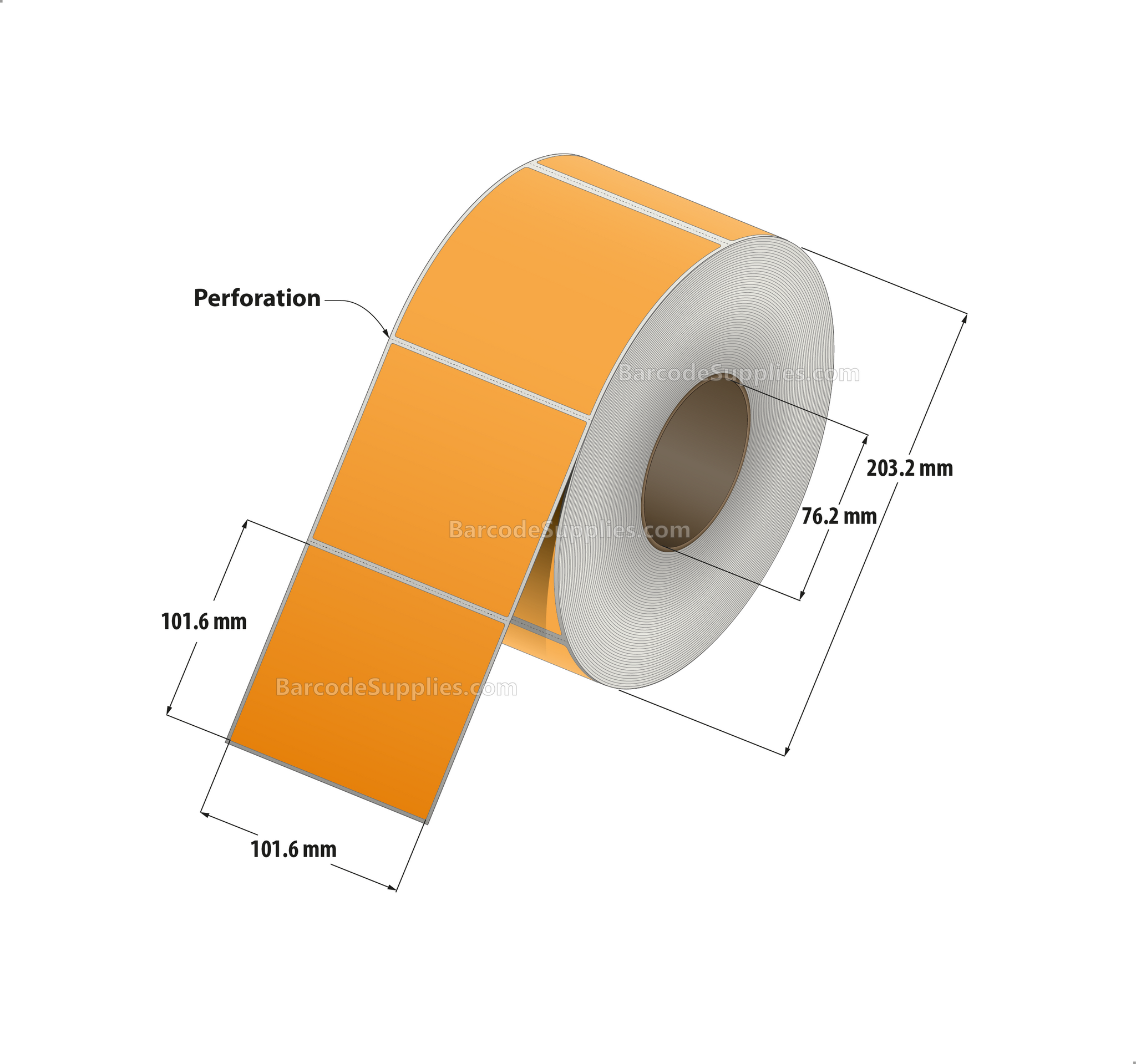 4 x 4 Thermal Transfer 136 Orange Labels With Permanent Acrylic Adhesive - Perforated - 1500 Labels Per Roll - Carton Of 4 Rolls - 6000 Labels Total - MPN: TH44-1PO
