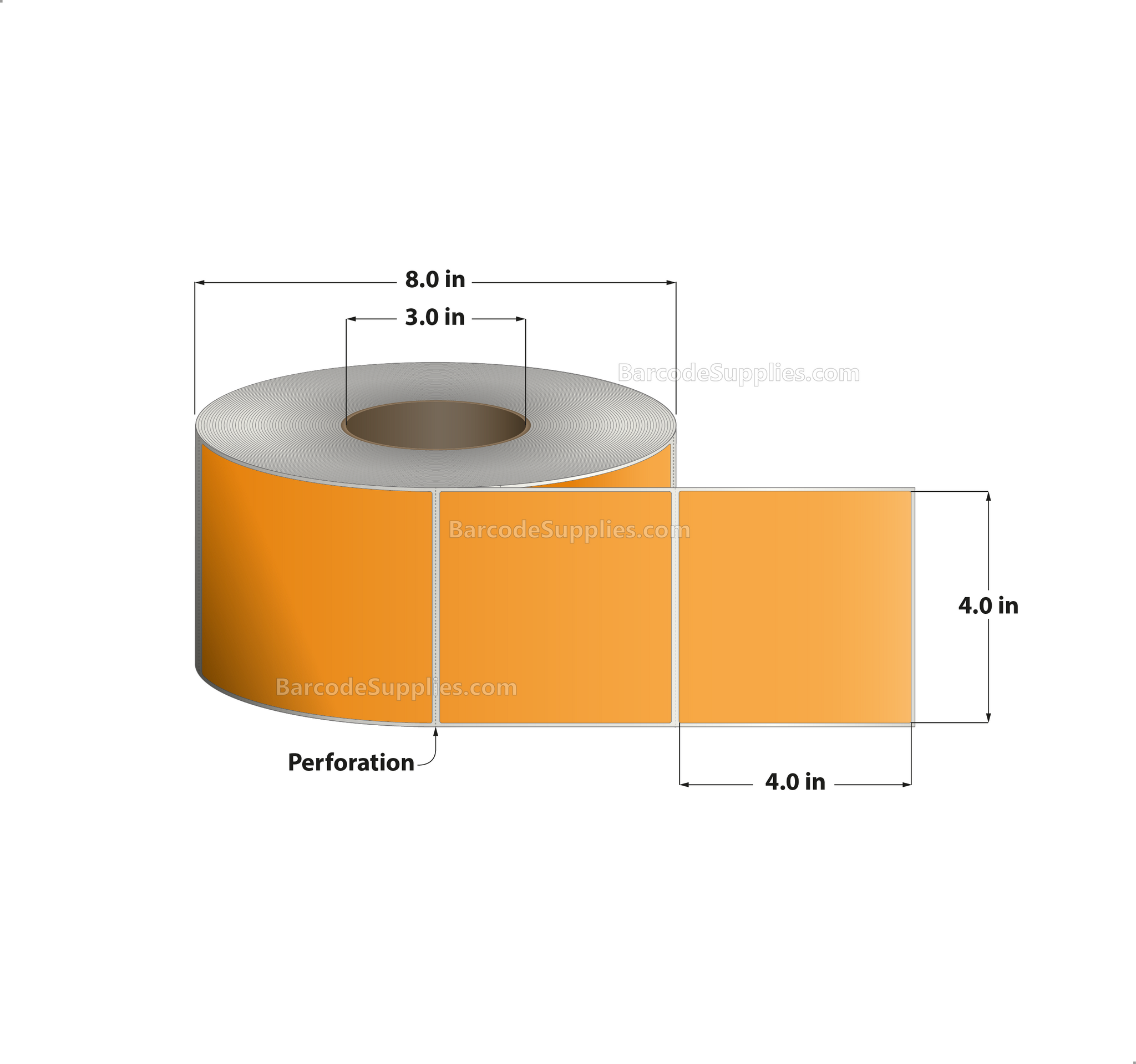 4 x 4 Thermal Transfer 136 Orange Labels With Permanent Acrylic Adhesive - Perforated - 1500 Labels Per Roll - Carton Of 4 Rolls - 6000 Labels Total - MPN: TH44-1PO