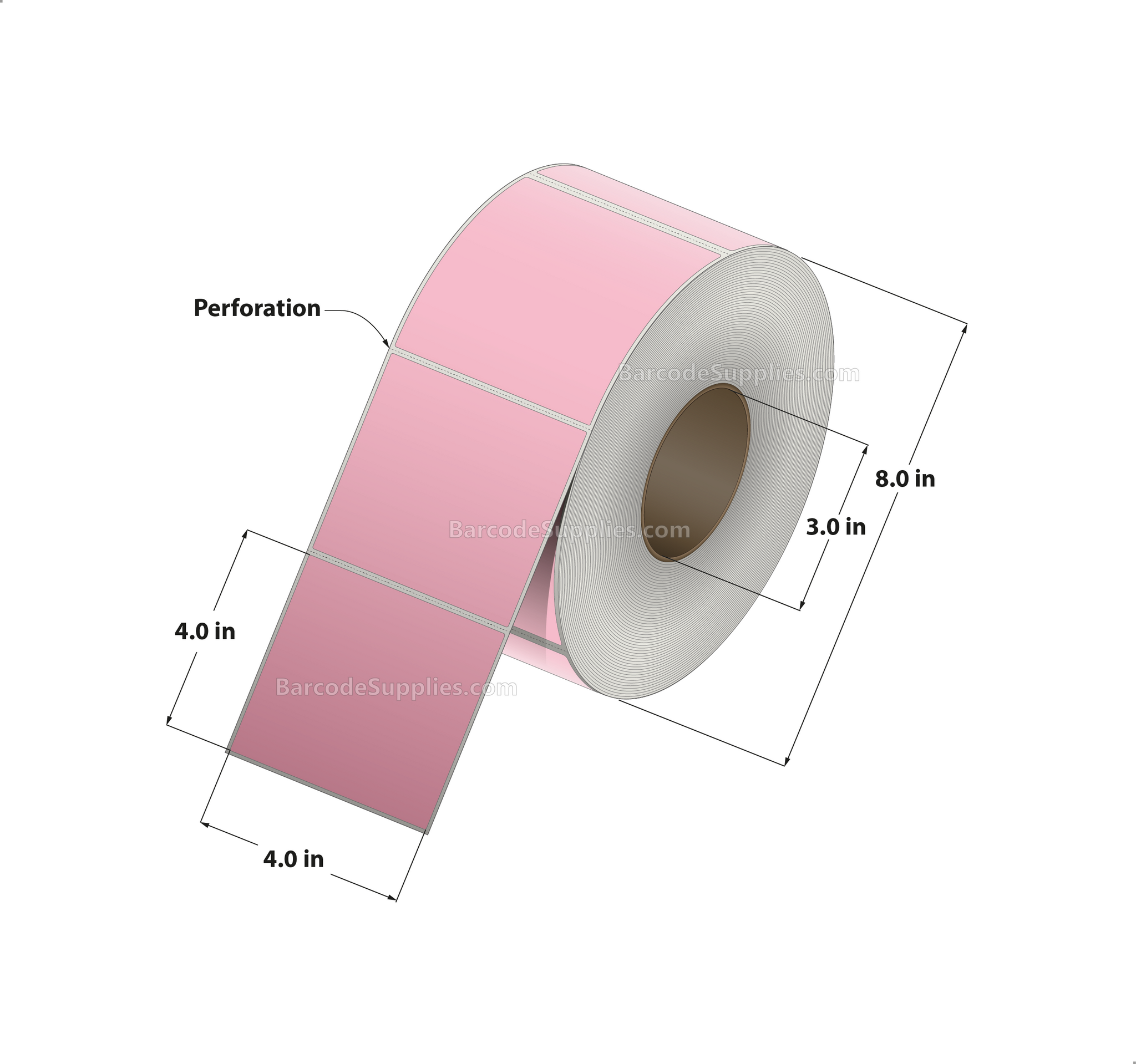 4 x 4 Thermal Transfer 176 Pink Labels With Permanent Adhesive - Perforated - 1500 Labels Per Roll - Carton Of 4 Rolls - 6000 Labels Total - MPN: RFC-4-4-1500-PK