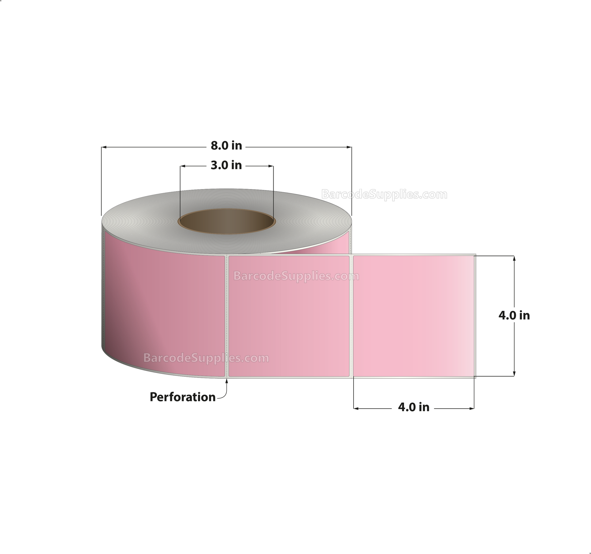 4 x 4 Thermal Transfer 176 Pink Labels With Permanent Adhesive - Perforated - 1500 Labels Per Roll - Carton Of 4 Rolls - 6000 Labels Total - MPN: RFC-4-4-1500-PK