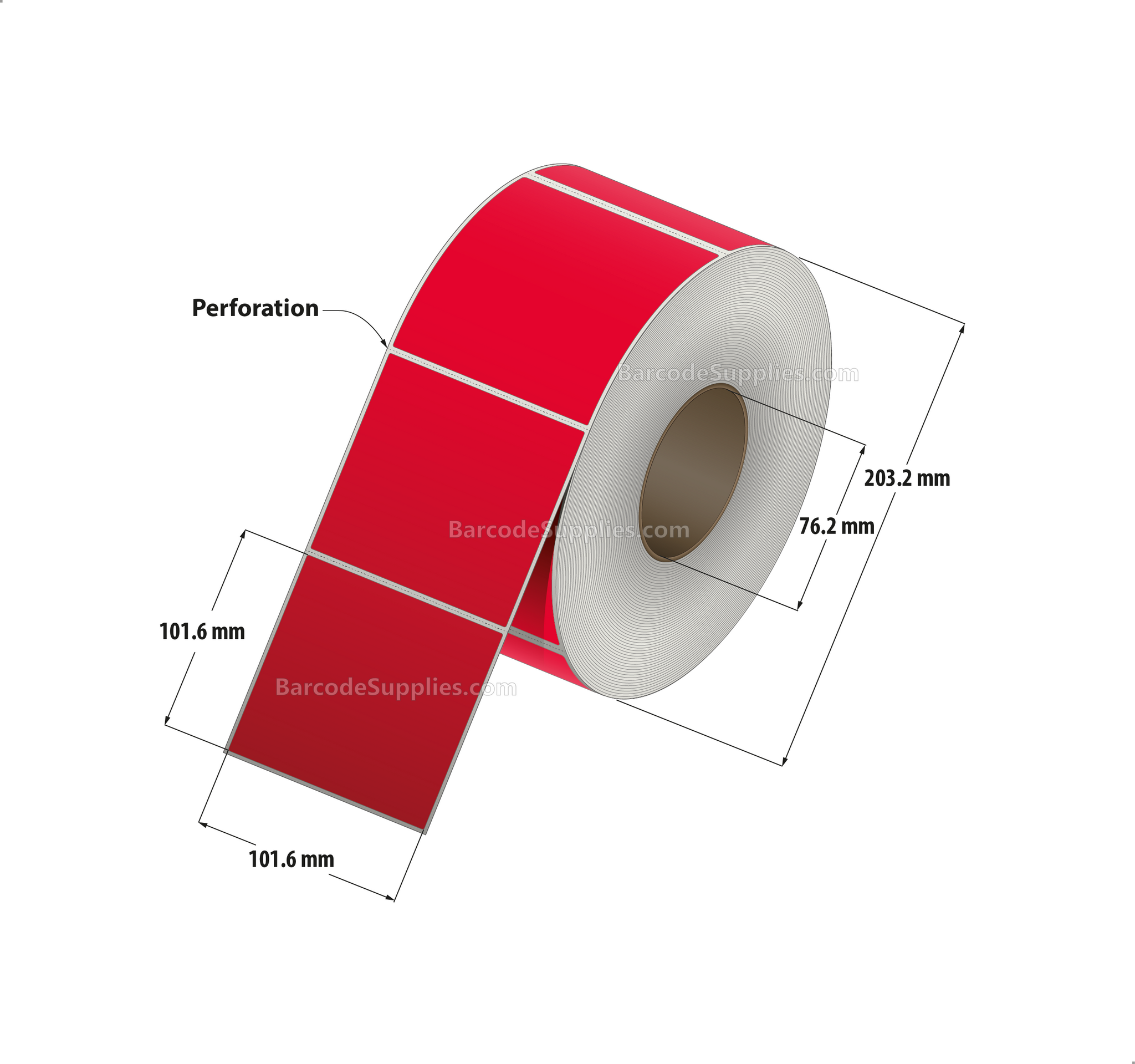 4 x 4 Thermal Transfer 032 Red Labels With Permanent Adhesive - Perforated - 1500 Labels Per Roll - Carton Of 4 Rolls - 6000 Labels Total - MPN: RFC-4-4-1500-RD