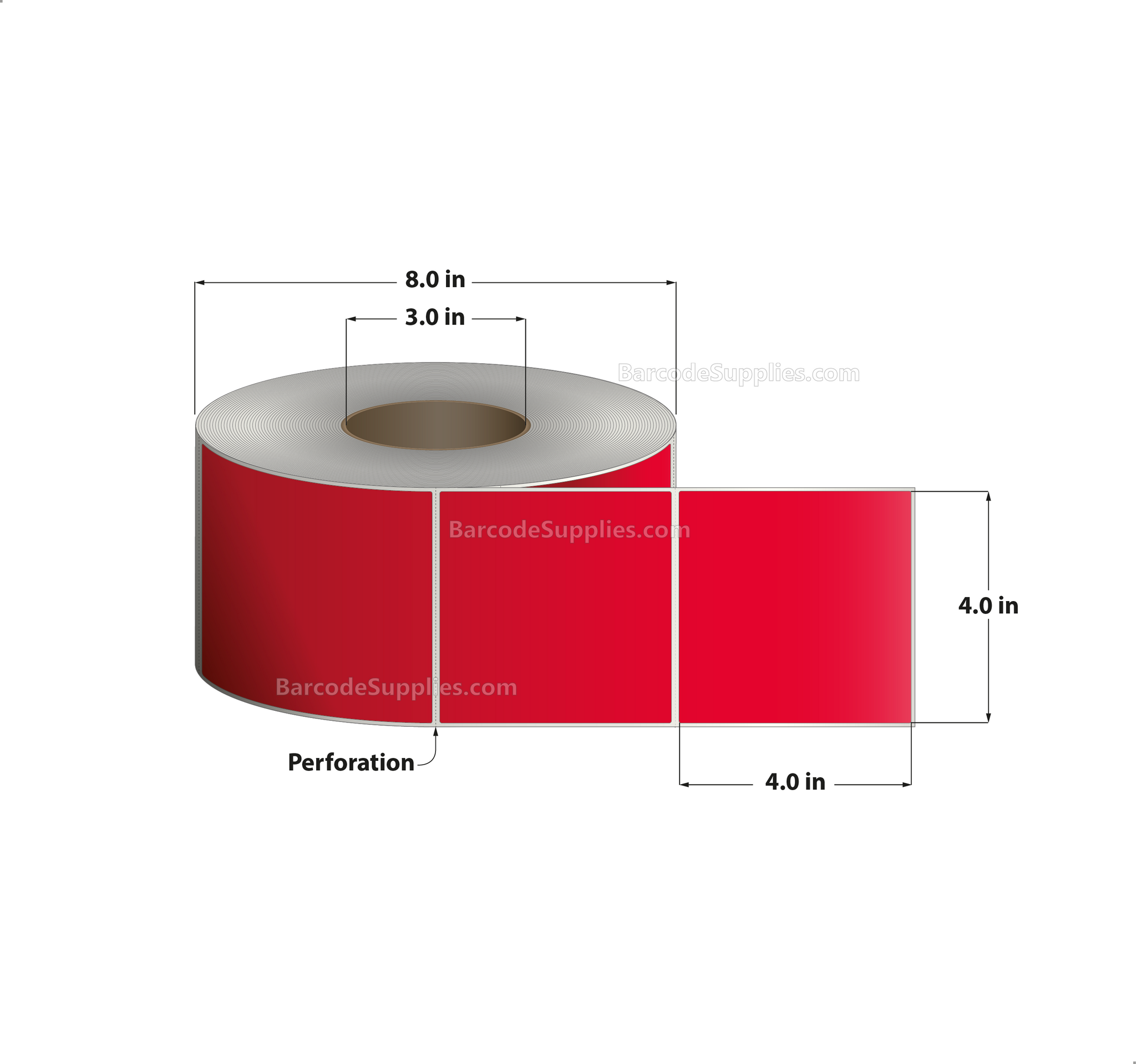 4 x 4 Thermal Transfer 032 Red Labels With Permanent Adhesive - Perforated - 1500 Labels Per Roll - Carton Of 4 Rolls - 6000 Labels Total - MPN: RFC-4-4-1500-RD