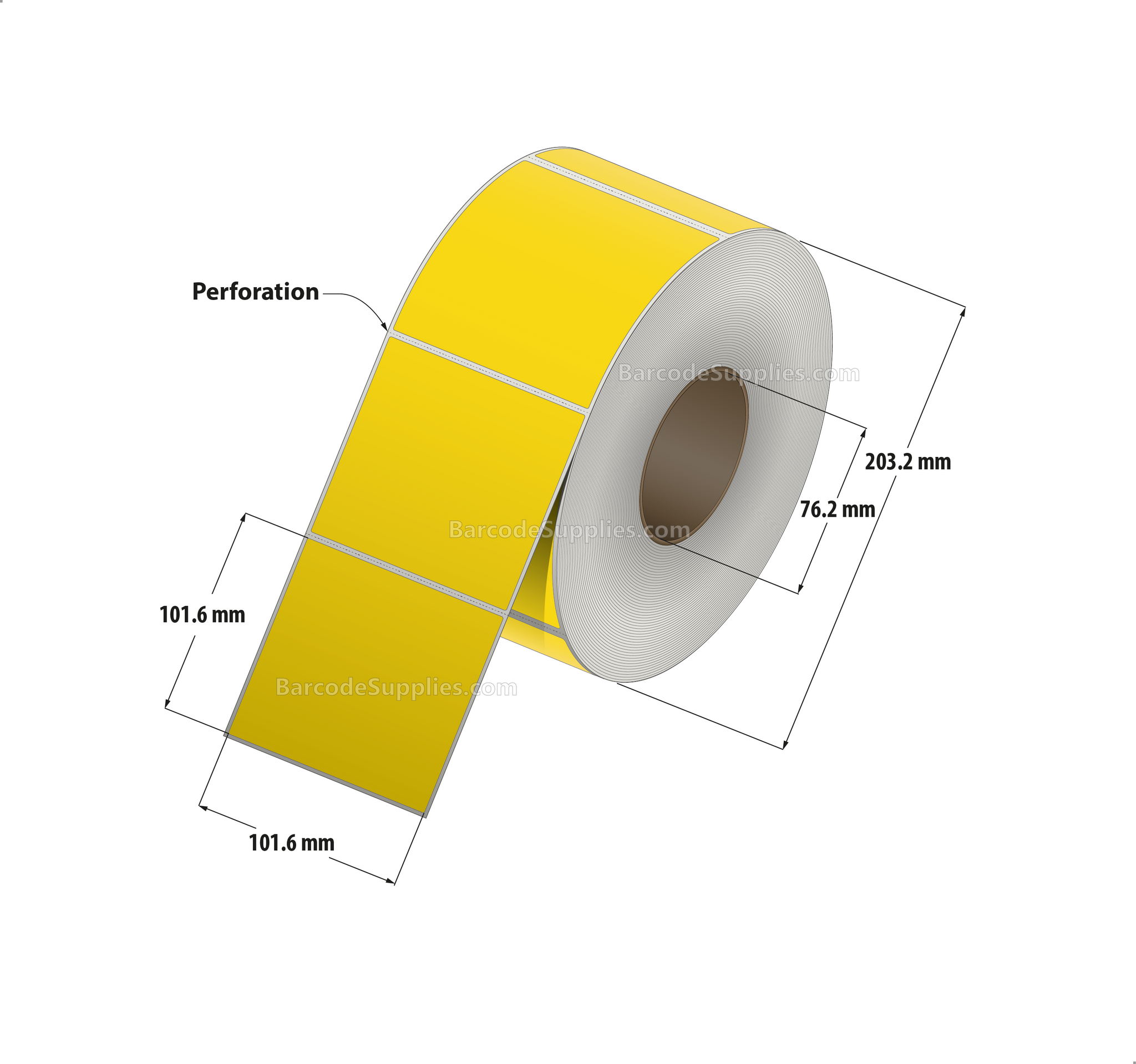 4 x 4 Thermal Transfer Pantone Yellow Labels With Permanent Adhesive - Perforated - 1500 Labels Per Roll - Carton Of 4 Rolls - 6000 Labels Total - MPN: RFC-4-4-1500-YL