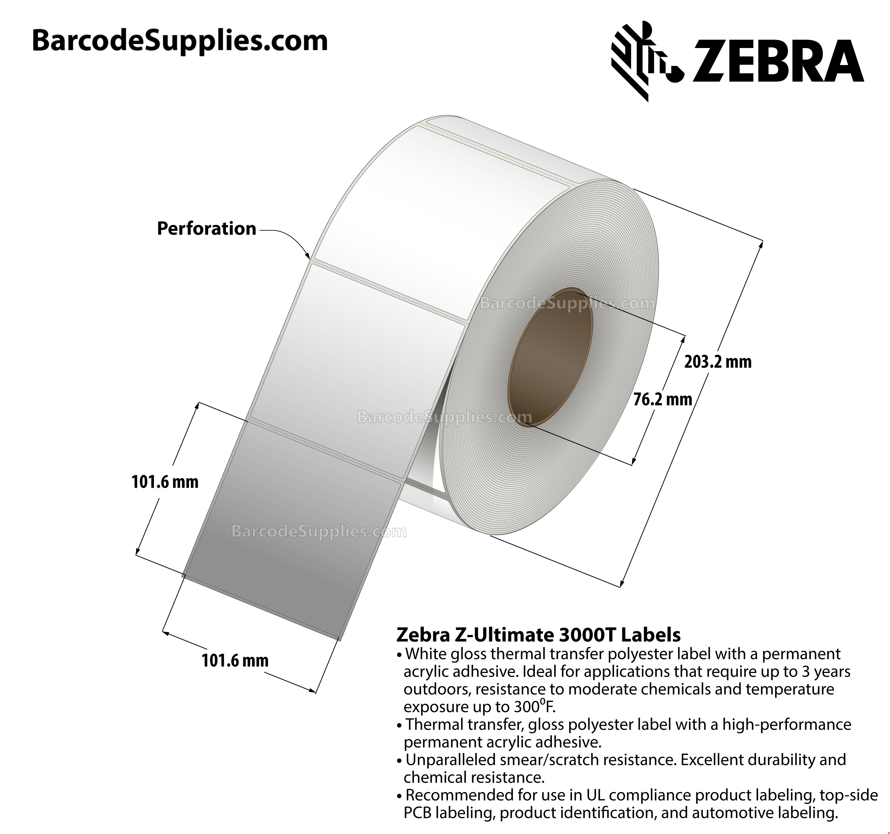 4 x 4 Thermal Transfer White Z-Ultimate 3000T Labels With Permanent Adhesive - Perforated - 1520 Labels Per Roll - Carton Of 4 Rolls - 6080 Labels Total - MPN: 94688