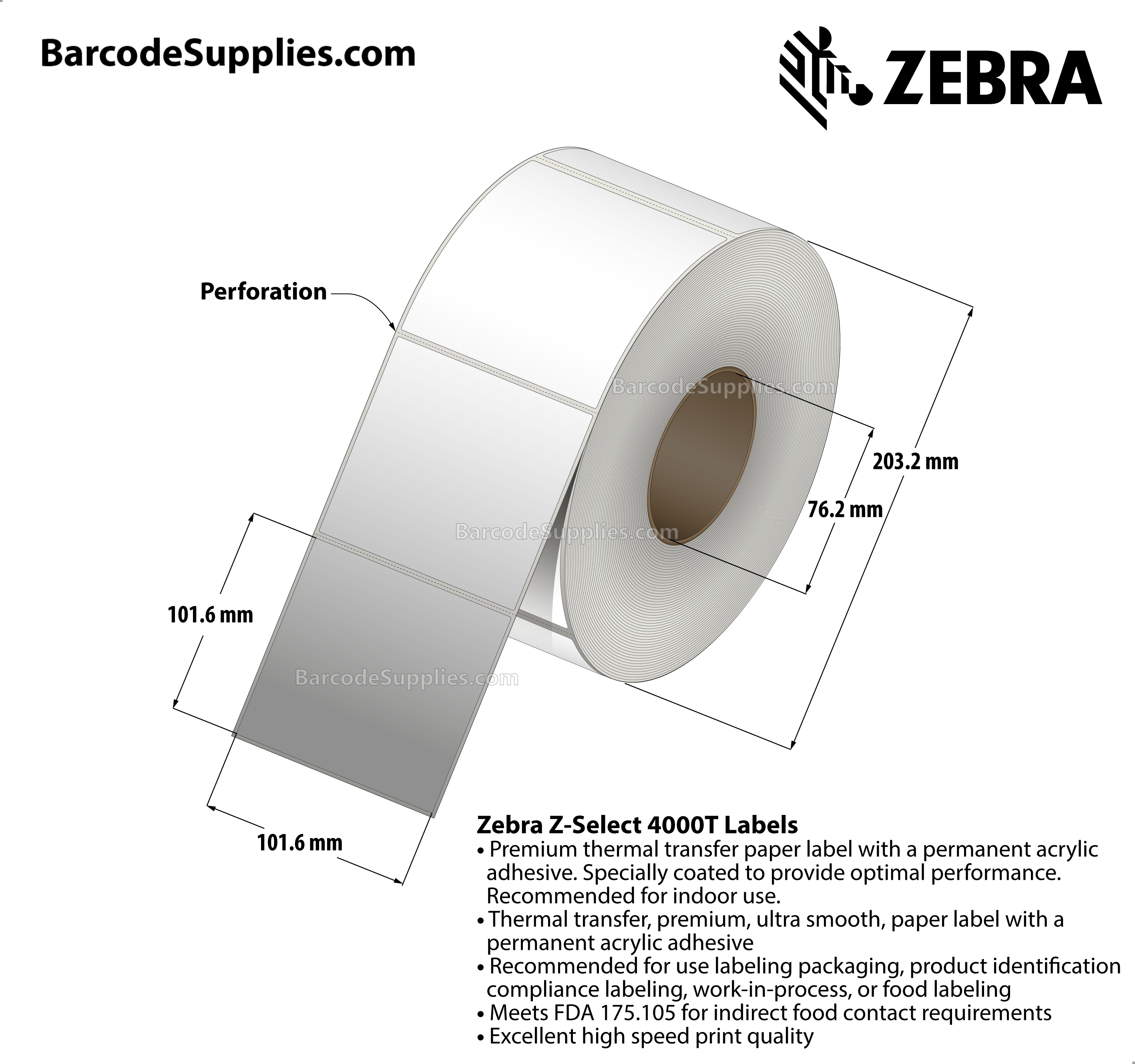 4 x 4 Thermal Transfer White Z-Select 4000T Labels With Permanent Adhesive - Perforated - 1696 Labels Per Roll - Carton Of 4 Rolls - 6784 Labels Total - MPN: 800640-405