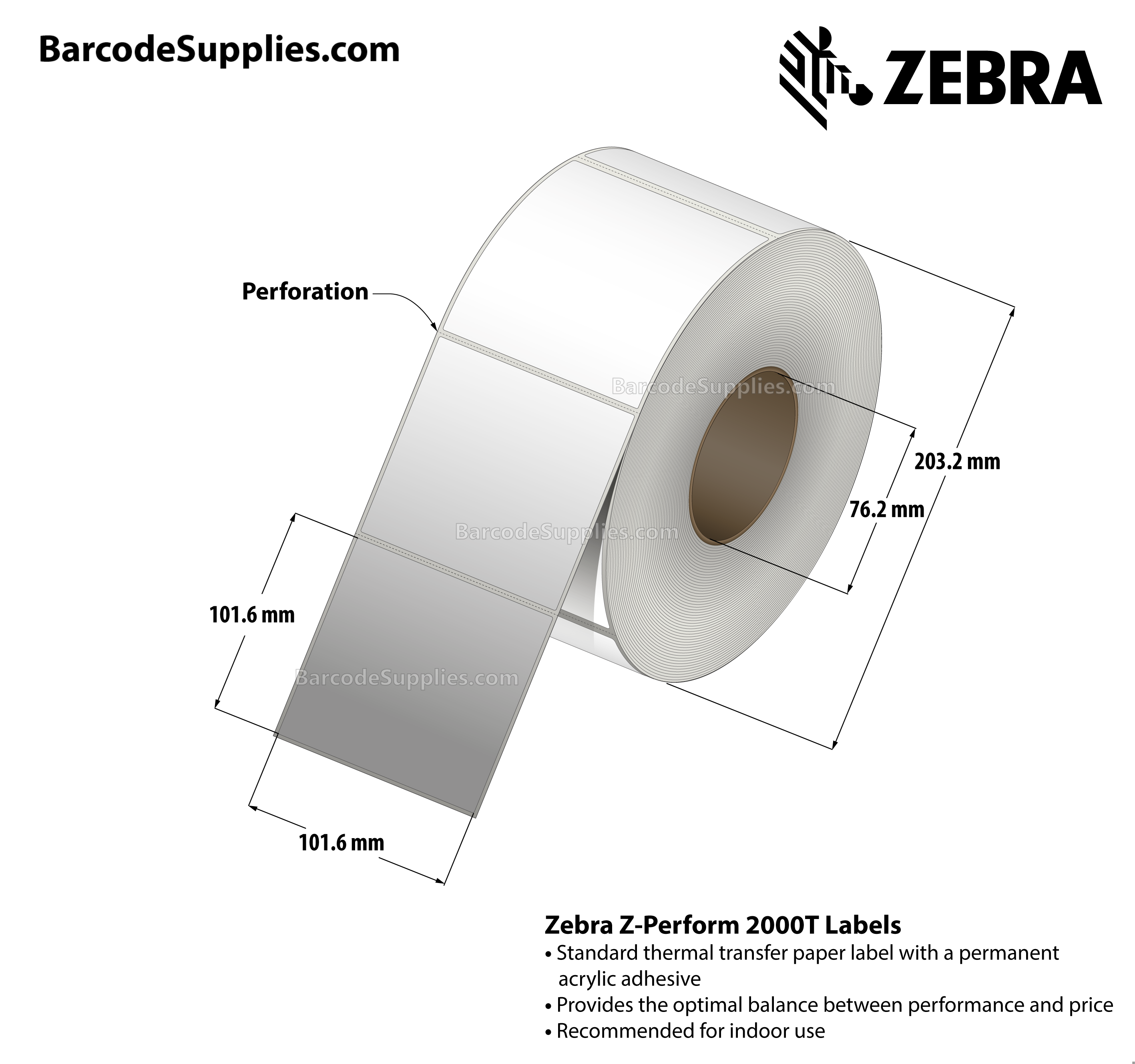 4 x 4 Thermal Transfer White Z-Perform 2000T Labels With Permanent Adhesive - Perforated - 1500 Labels Per Roll - Carton Of 4 Rolls - 6000 Labels Total - MPN: 10000283