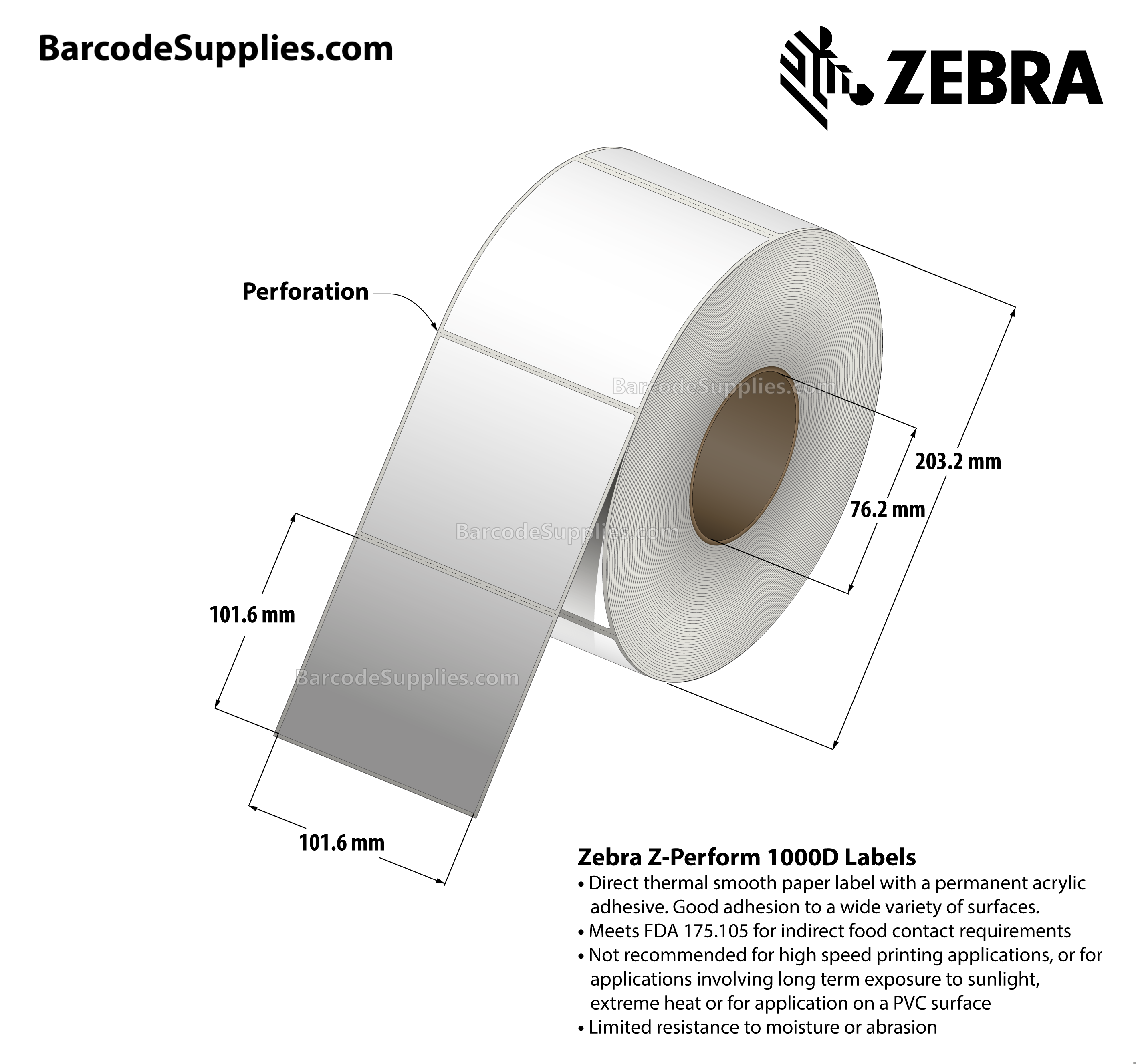 4 x 4 Direct Thermal White Z-Perform 1000D Labels With Permanent Adhesive - Perforated - 1425 Labels Per Roll - Carton Of 4 Rolls - 5700 Labels Total - MPN: 10028311