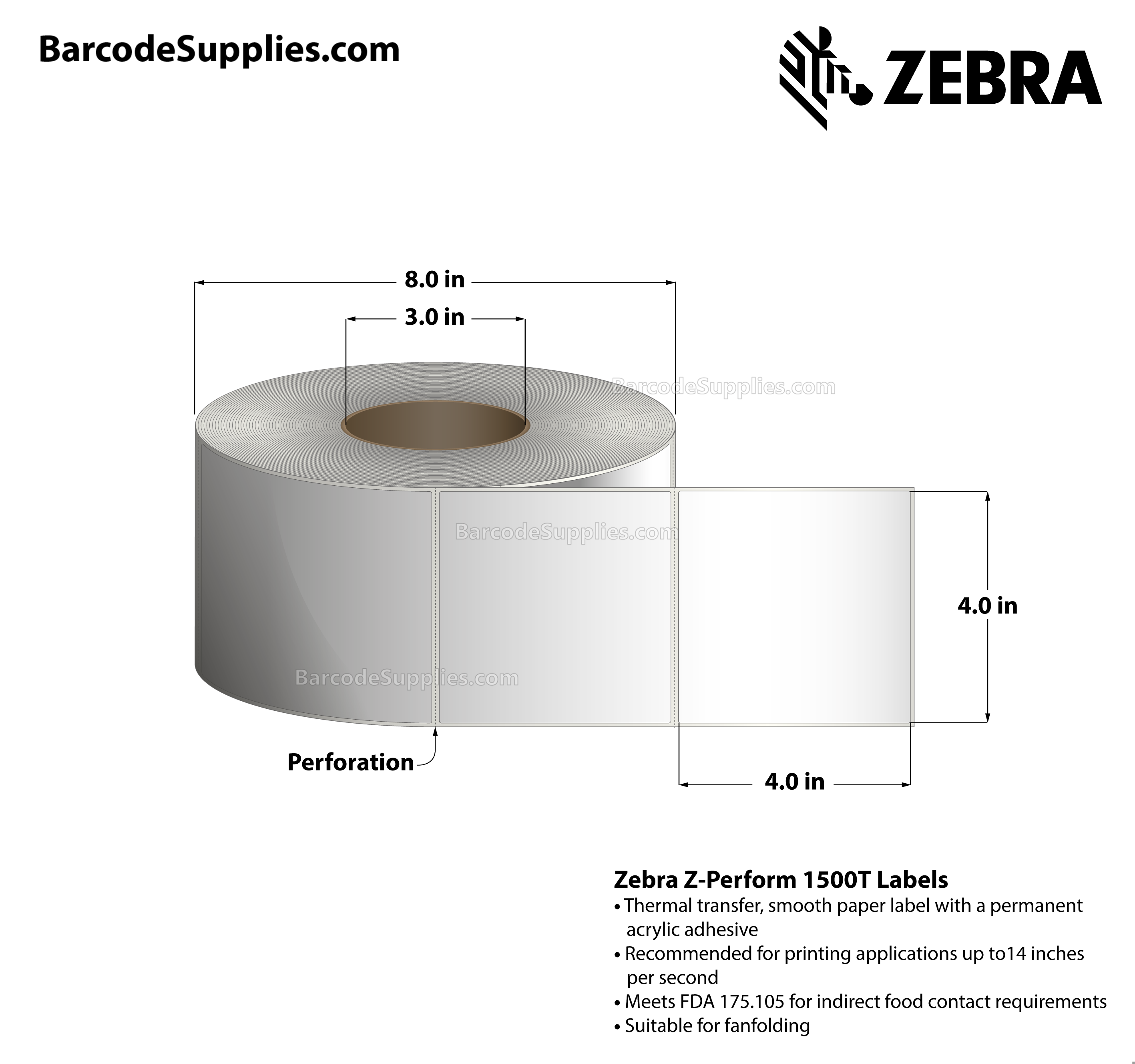 4 x 4 Thermal Transfer White Z-Perform 1500T Labels With Permanent Adhesive - Perforated - 1500 Labels Per Roll - Carton Of 4 Rolls - 6000 Labels Total - MPN: 10021230