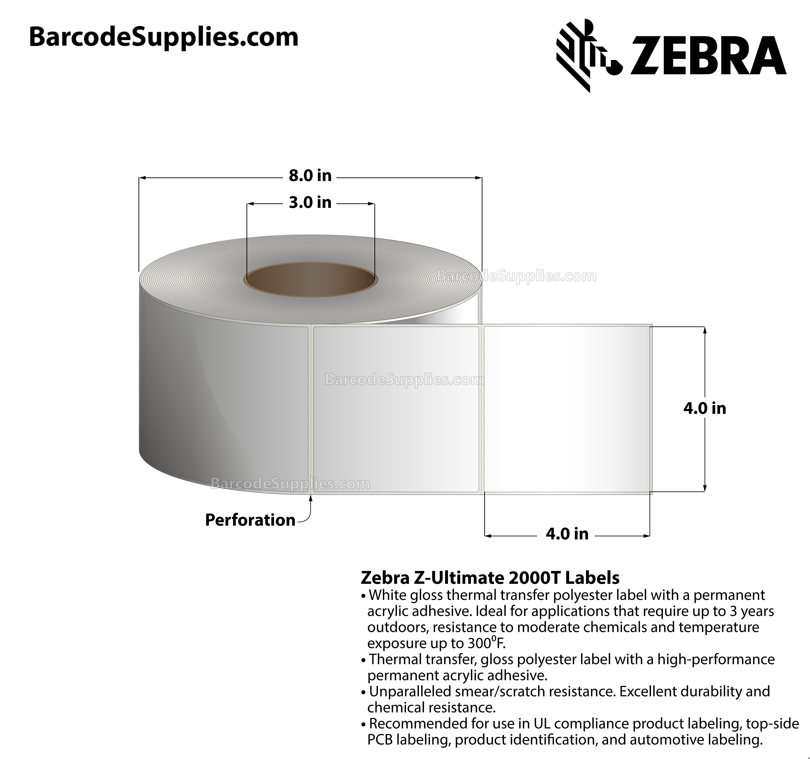 4 x 4 Thermal Transfer White Z-Ultimate 2000T Labels With Permanent Adhesive - Perforated - 1520 Labels Per Roll - Carton Of 4 Rolls - 6080 Labels Total - MPN: 10008517
