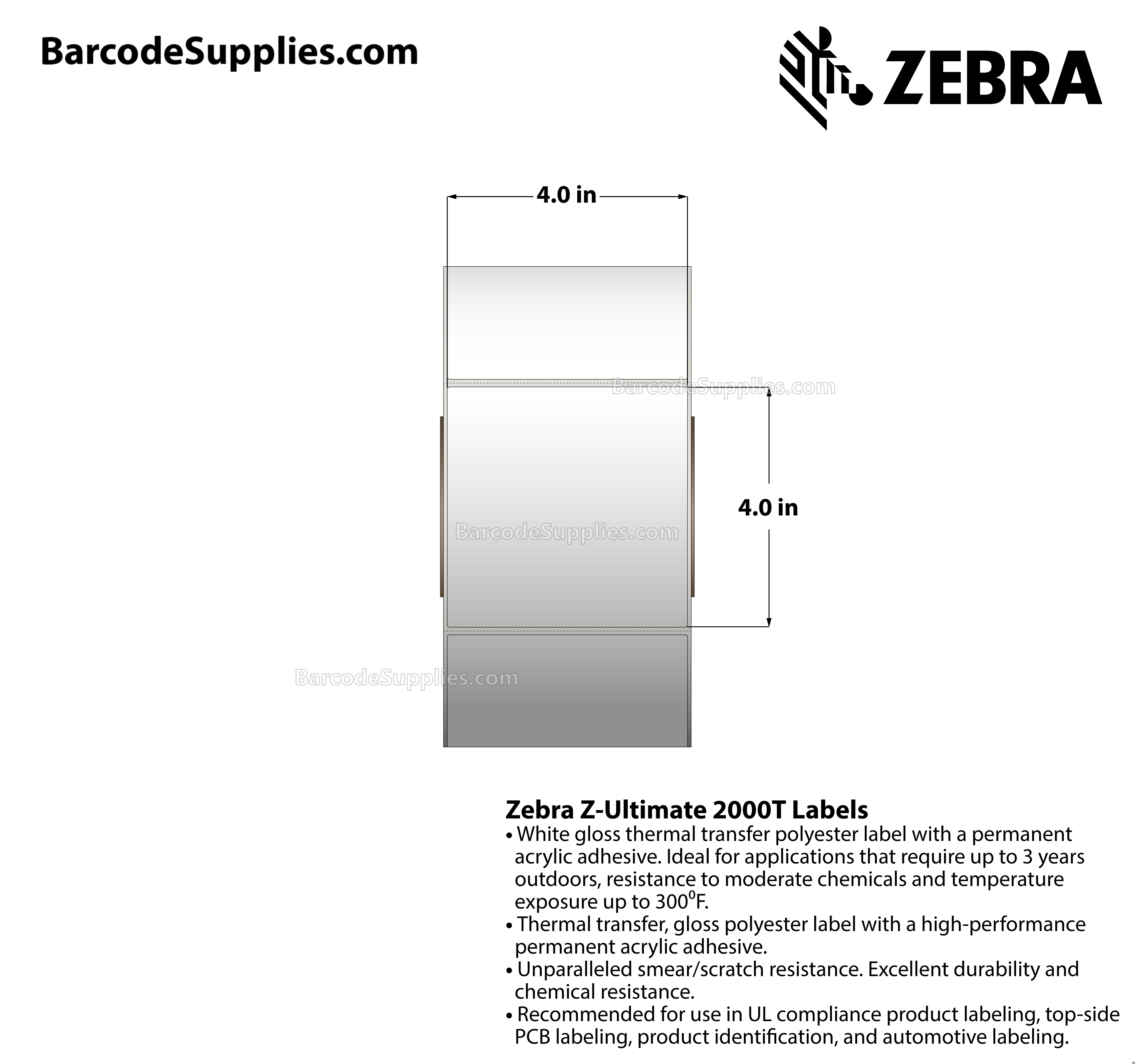 4 x 4 Thermal Transfer White Z-Ultimate 2000T Labels With Permanent Adhesive - Perforated - 1520 Labels Per Roll - Carton Of 4 Rolls - 6080 Labels Total - MPN: 10008517