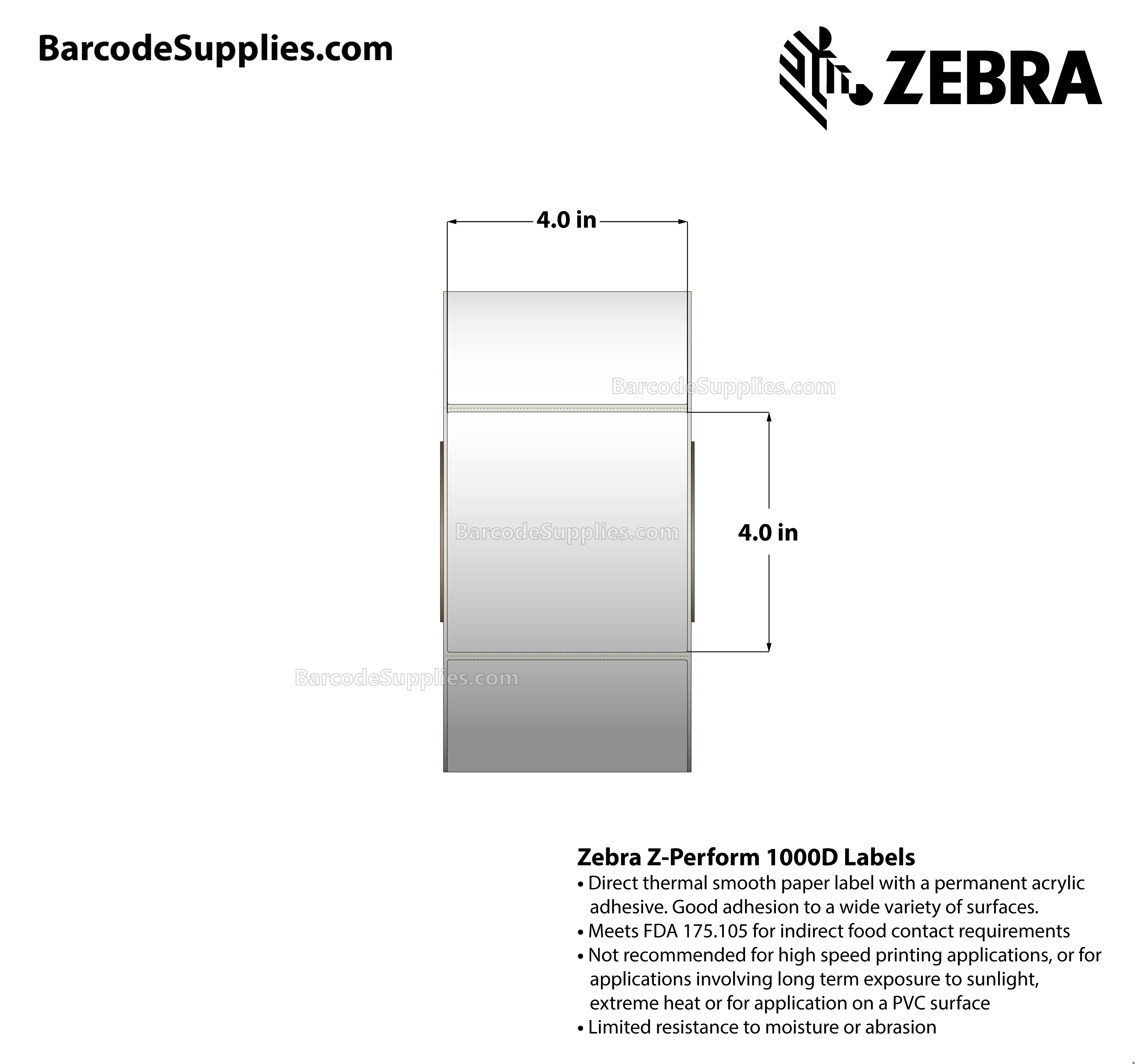 4 x 4 Direct Thermal White Z-Perform 1000D Labels With Permanent Adhesive - Perforated - 1425 Labels Per Roll - Carton Of 4 Rolls - 5700 Labels Total - MPN: 10028311