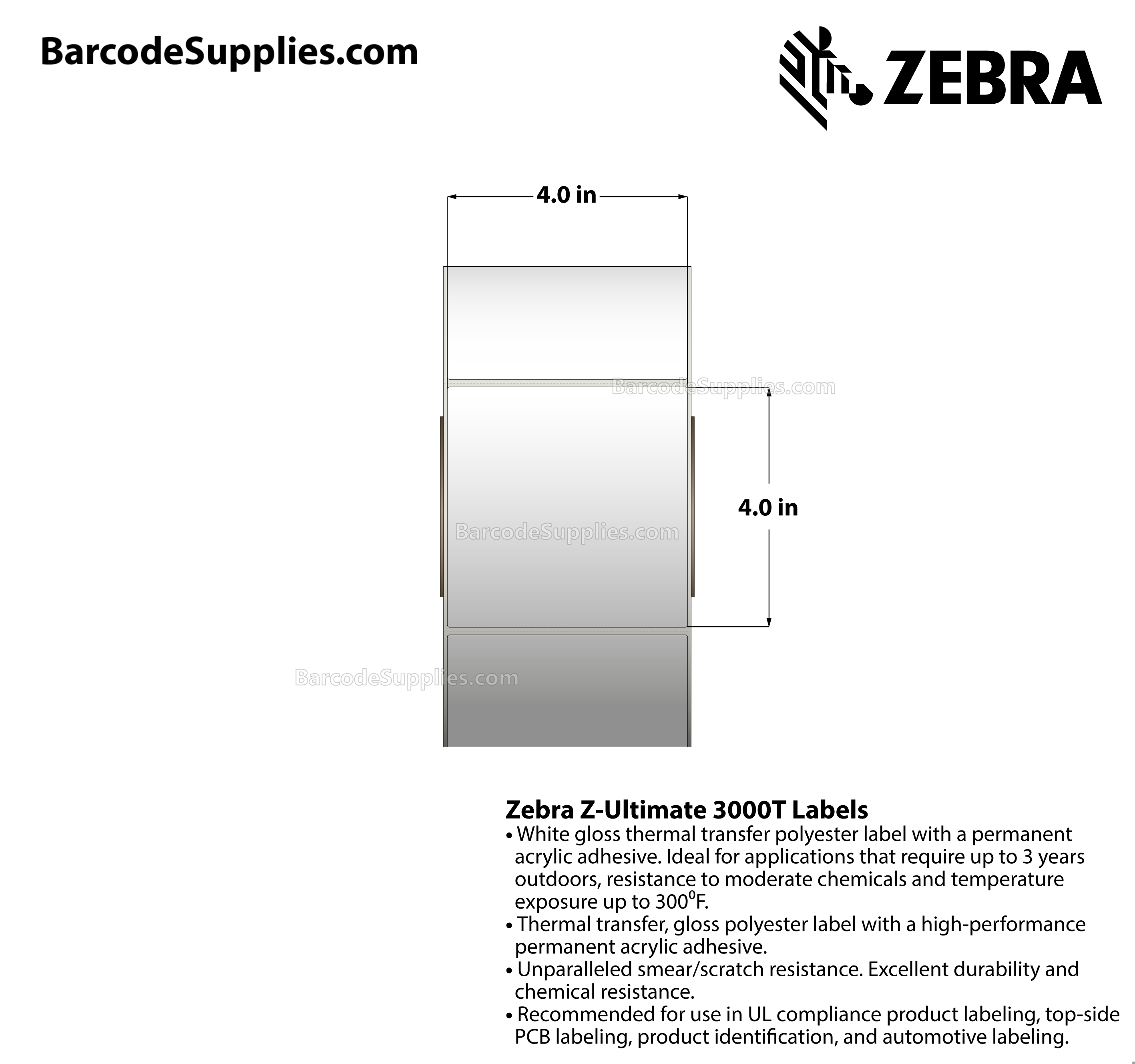 4 x 4 Thermal Transfer White Z-Ultimate 3000T Labels With Permanent Adhesive - Perforated - 1520 Labels Per Roll - Carton Of 4 Rolls - 6080 Labels Total - MPN: 94688