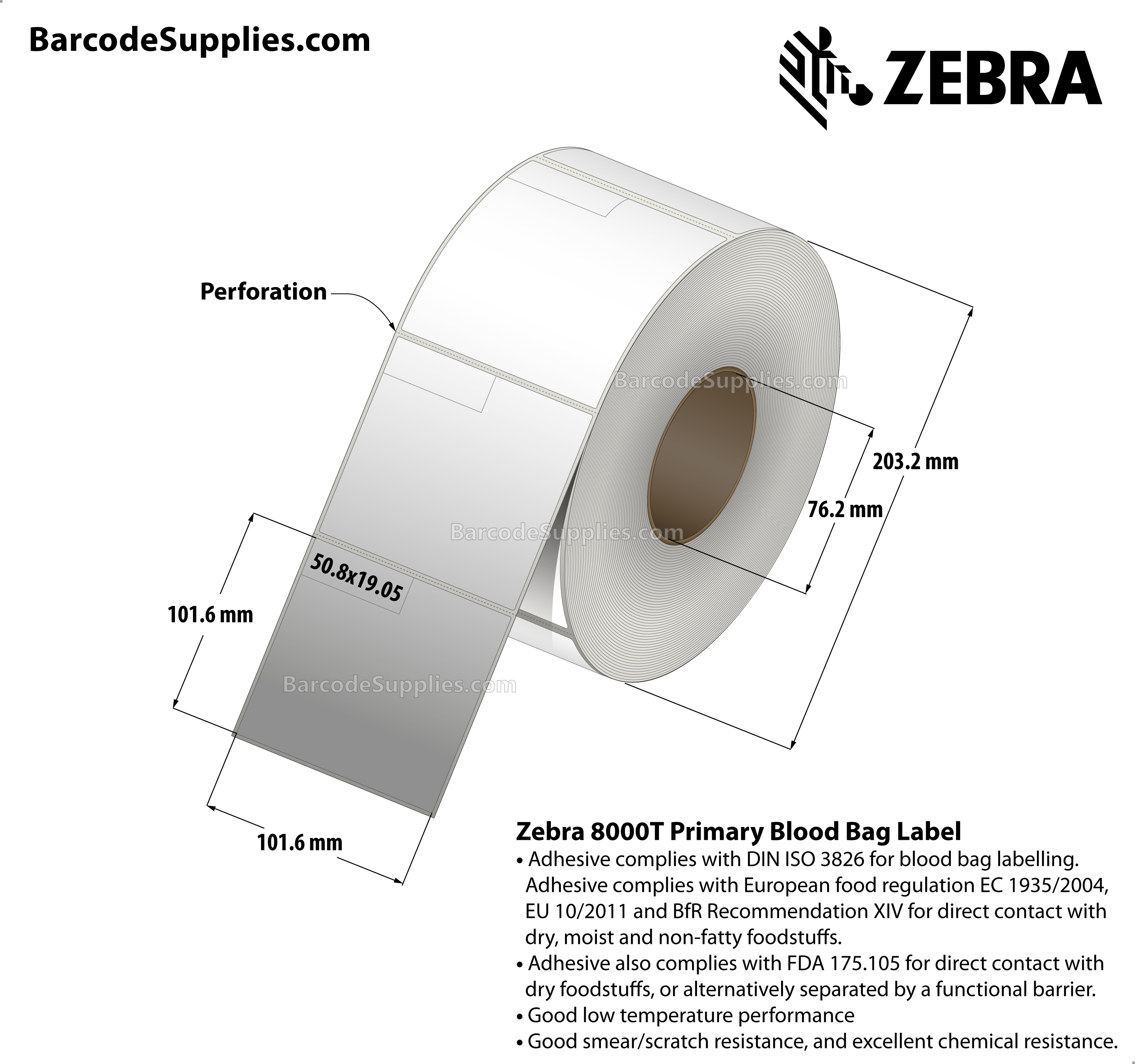 4 x 4 Thermal Transfer White 8000T Primary Blood Bag Label Labels With All-Temp Adhesive - ISBT128 Primary Blood Bag Label - Perforated - 1110 Labels Per Roll - Carton Of 4 Rolls - 4440 Labels Total - MPN: HC10000688