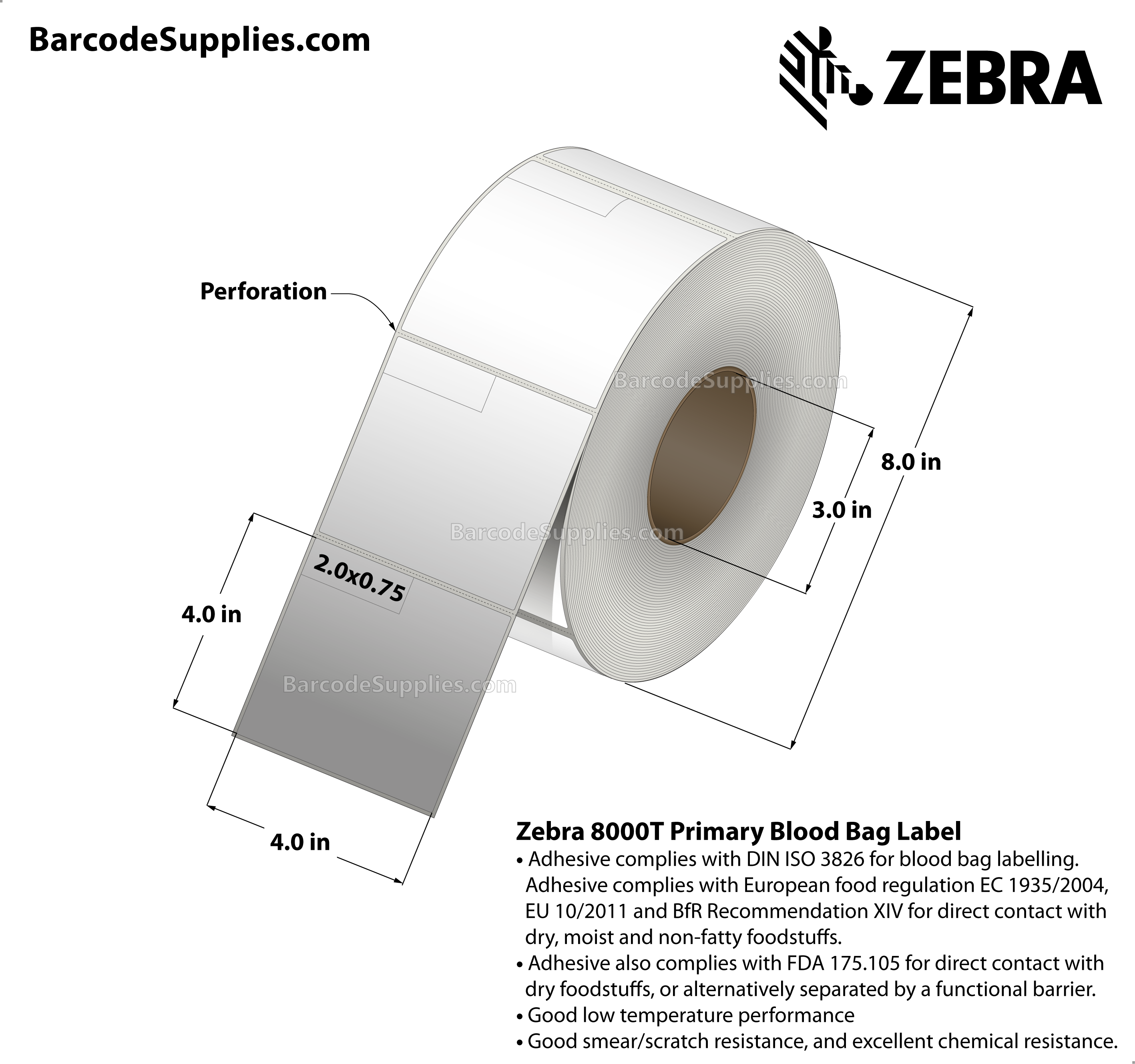 4 x 4 Thermal Transfer White 8000T Primary Blood Bag Label Labels With All-Temp Adhesive - ISBT128 Primary Blood Bag Label - Perforated - 1110 Labels Per Roll - Carton Of 4 Rolls - 4440 Labels Total - MPN: HC10000688