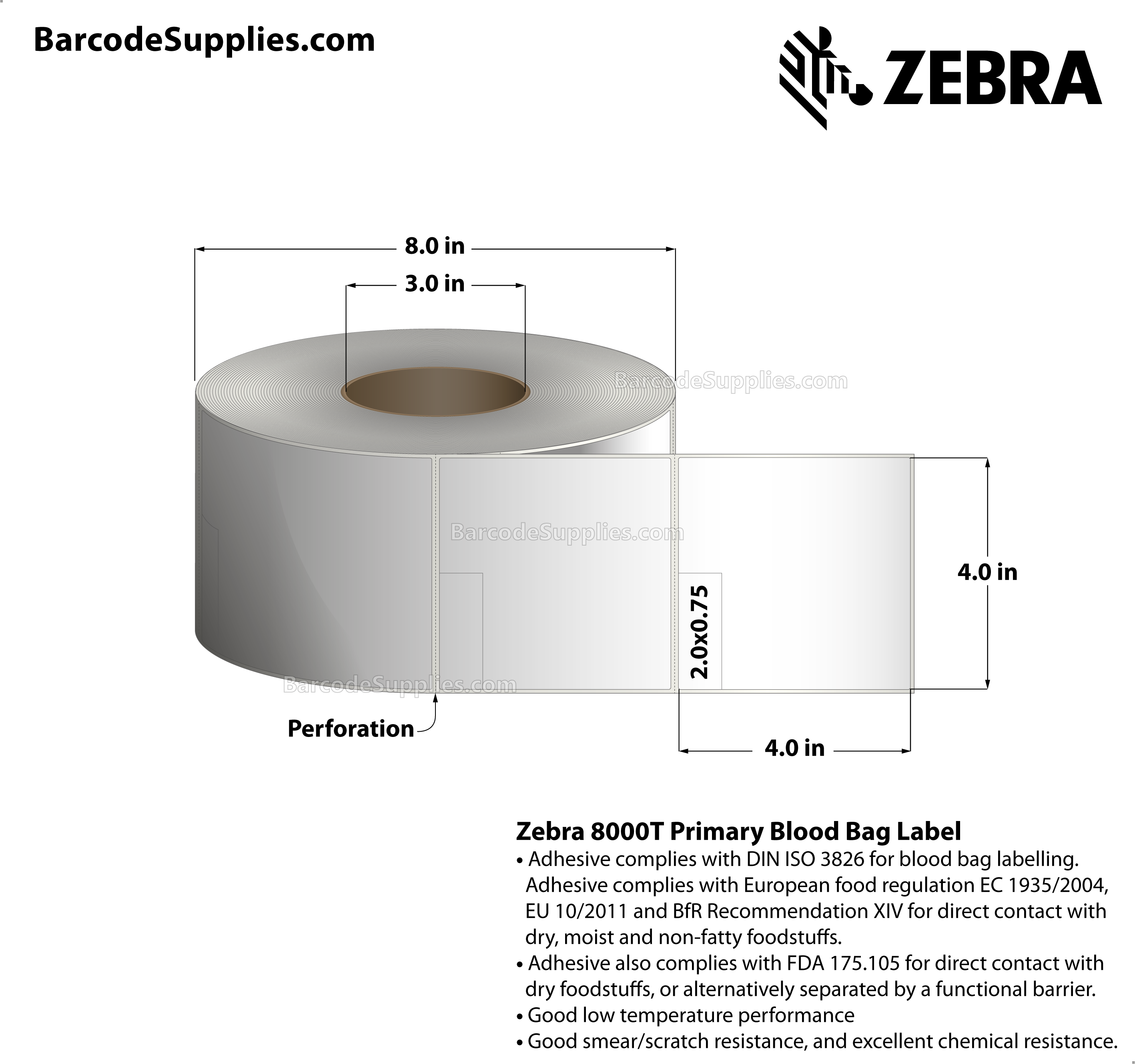 4 x 4 Thermal Transfer White 8000T Primary Blood Bag Label Labels With All-Temp Adhesive - ISBT128 Primary Blood Bag Label - Perforated - 1110 Labels Per Roll - Carton Of 4 Rolls - 4440 Labels Total - MPN: HC10000688