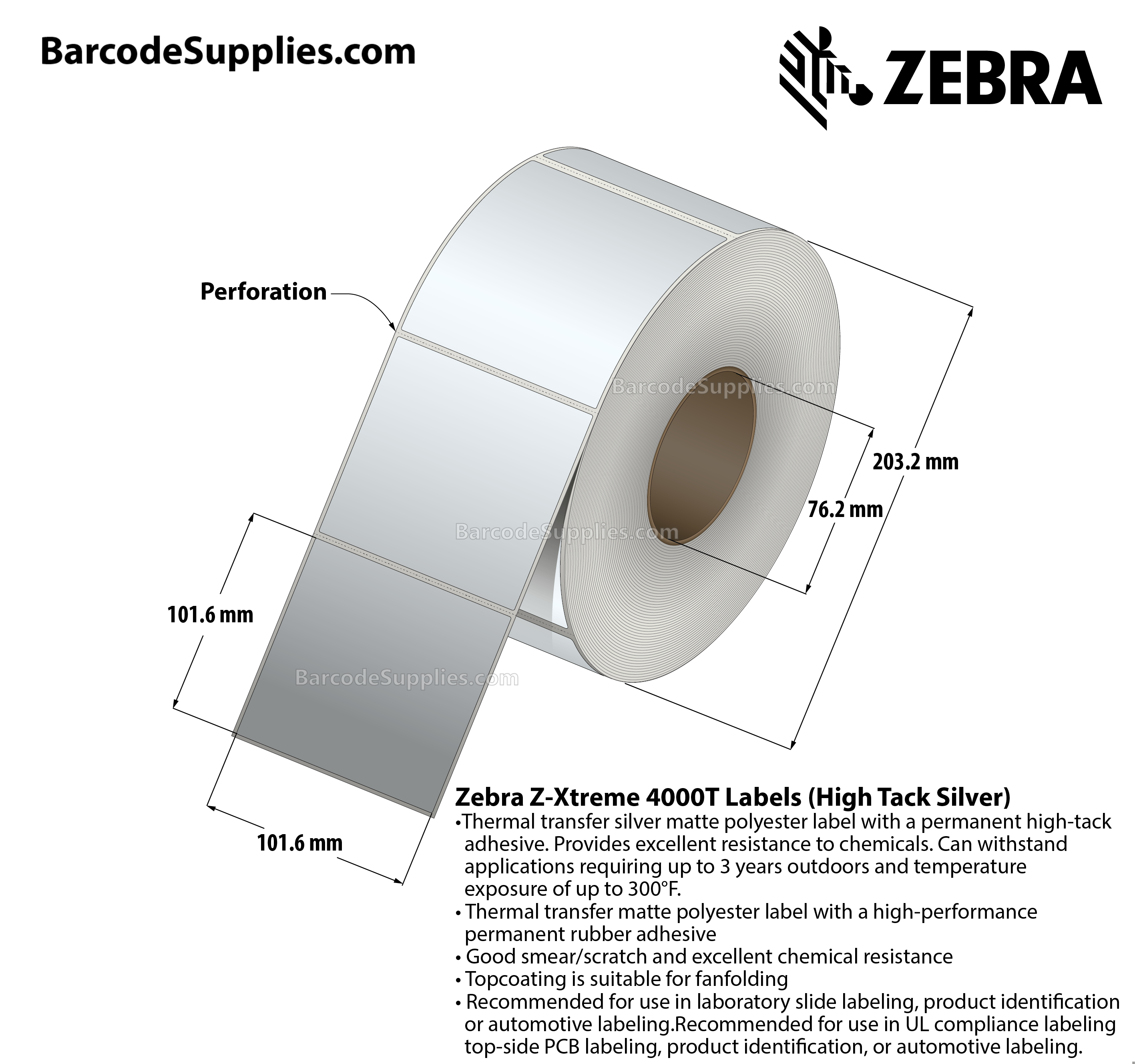 4 x 4 Thermal Transfer Silver Z-Xtreme 4000T High-Tack Silver Labels With High-tack Adhesive - Perforated - 1000 Labels Per Roll - Carton Of 1 Rolls - 1000 Labels Total - MPN: 10023183