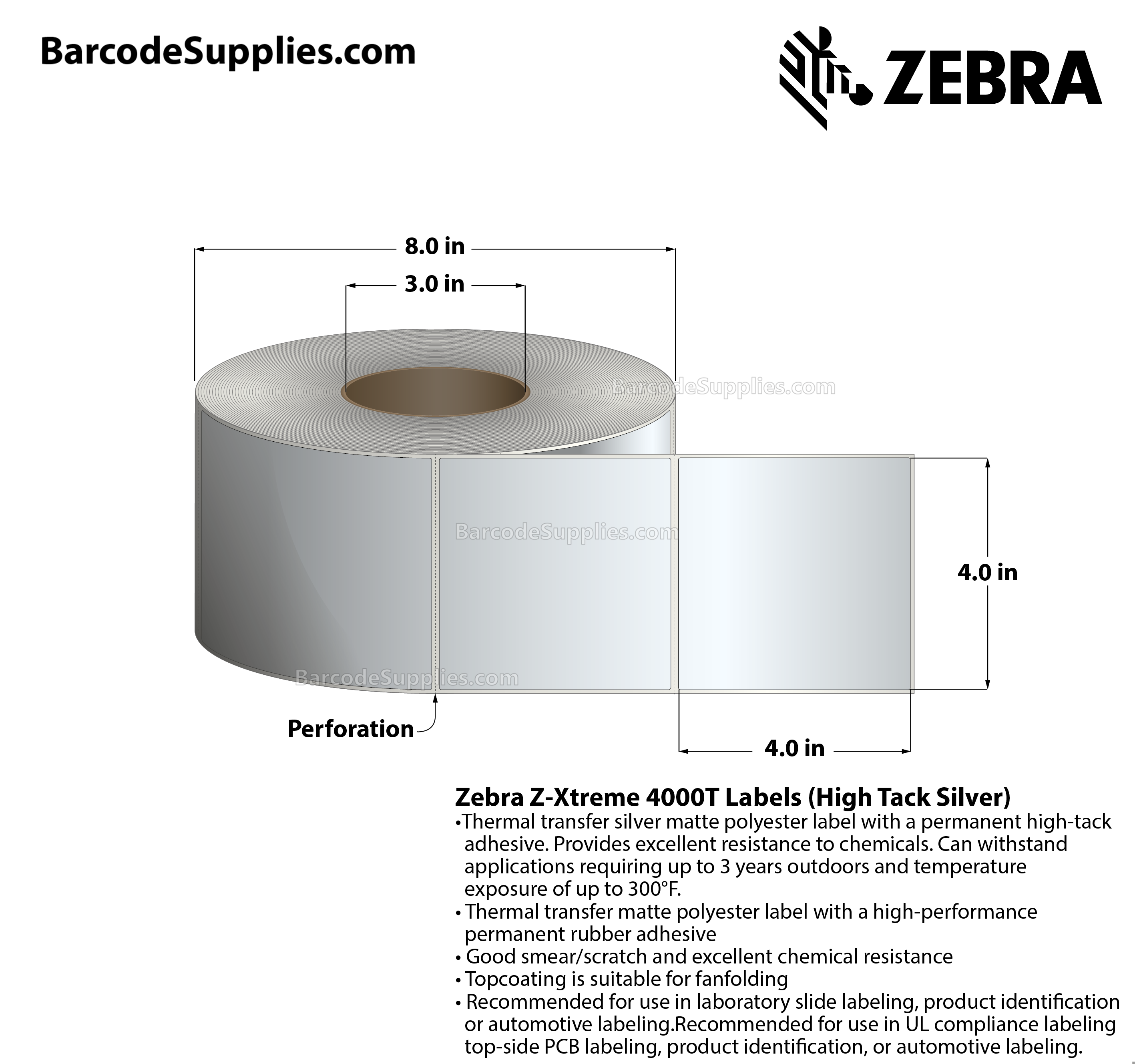 4 x 4 Thermal Transfer Silver Z-Xtreme 4000T High-Tack Silver Labels With High-tack Adhesive - Perforated - 1000 Labels Per Roll - Carton Of 1 Rolls - 1000 Labels Total - MPN: 10023183
