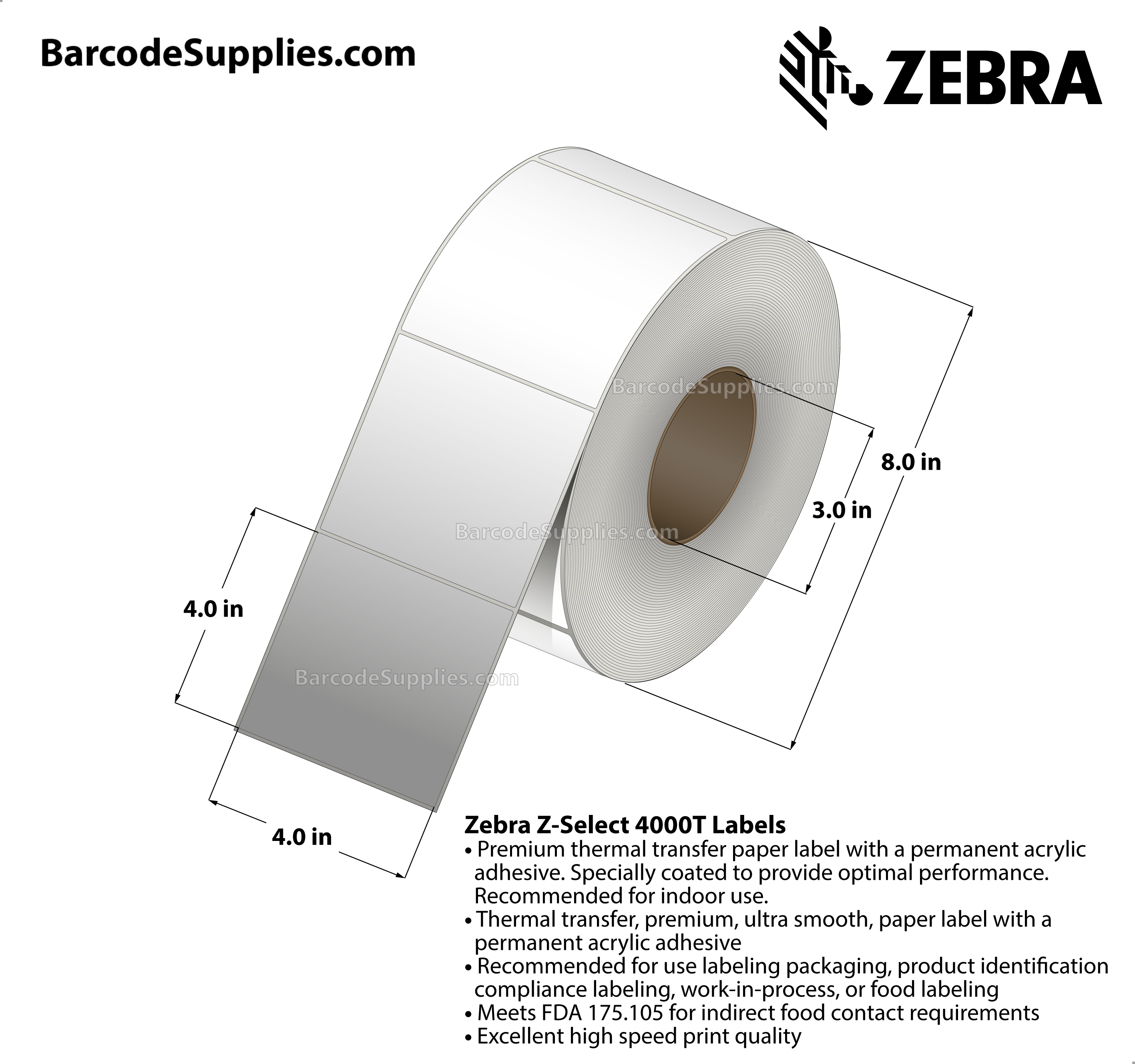 4 x 4 Thermal Transfer White Z-Select 4000T Labels With Permanent Adhesive - Not Perforated - 1410 Labels Per Roll - Carton Of 4 Rolls - 5640 Labels Total - MPN: 72292