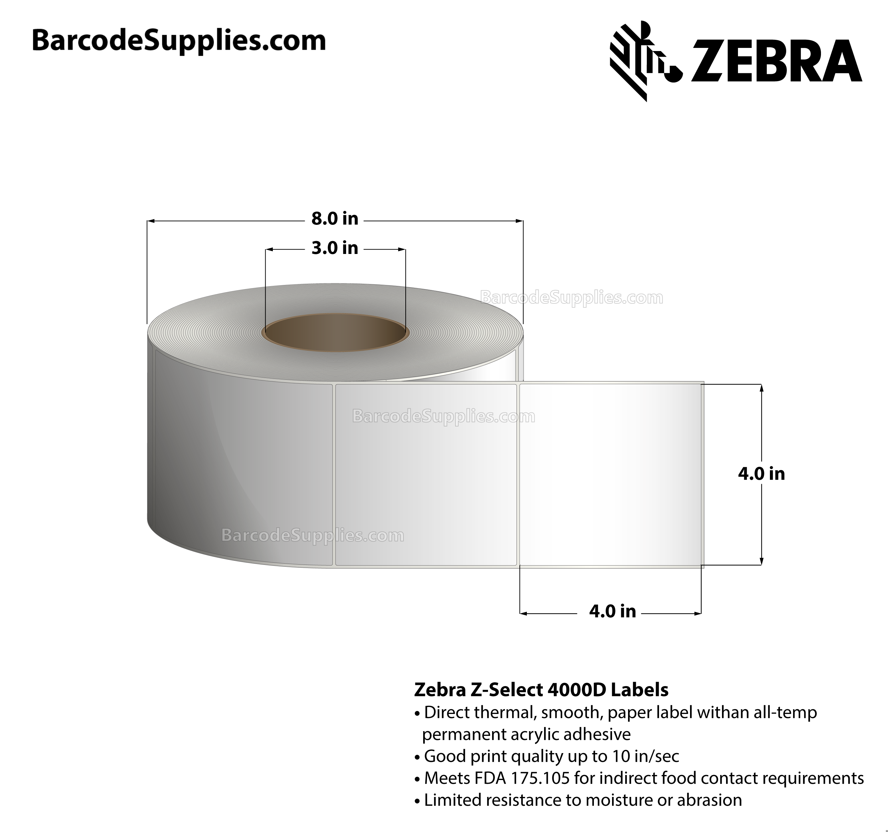 4 x 4 Direct Thermal White Z-Select 4000D Labels With All-Temp Adhesive - Not Perforated - 1400 Labels Per Roll - Carton Of 4 Rolls - 5600 Labels Total - MPN: 82801