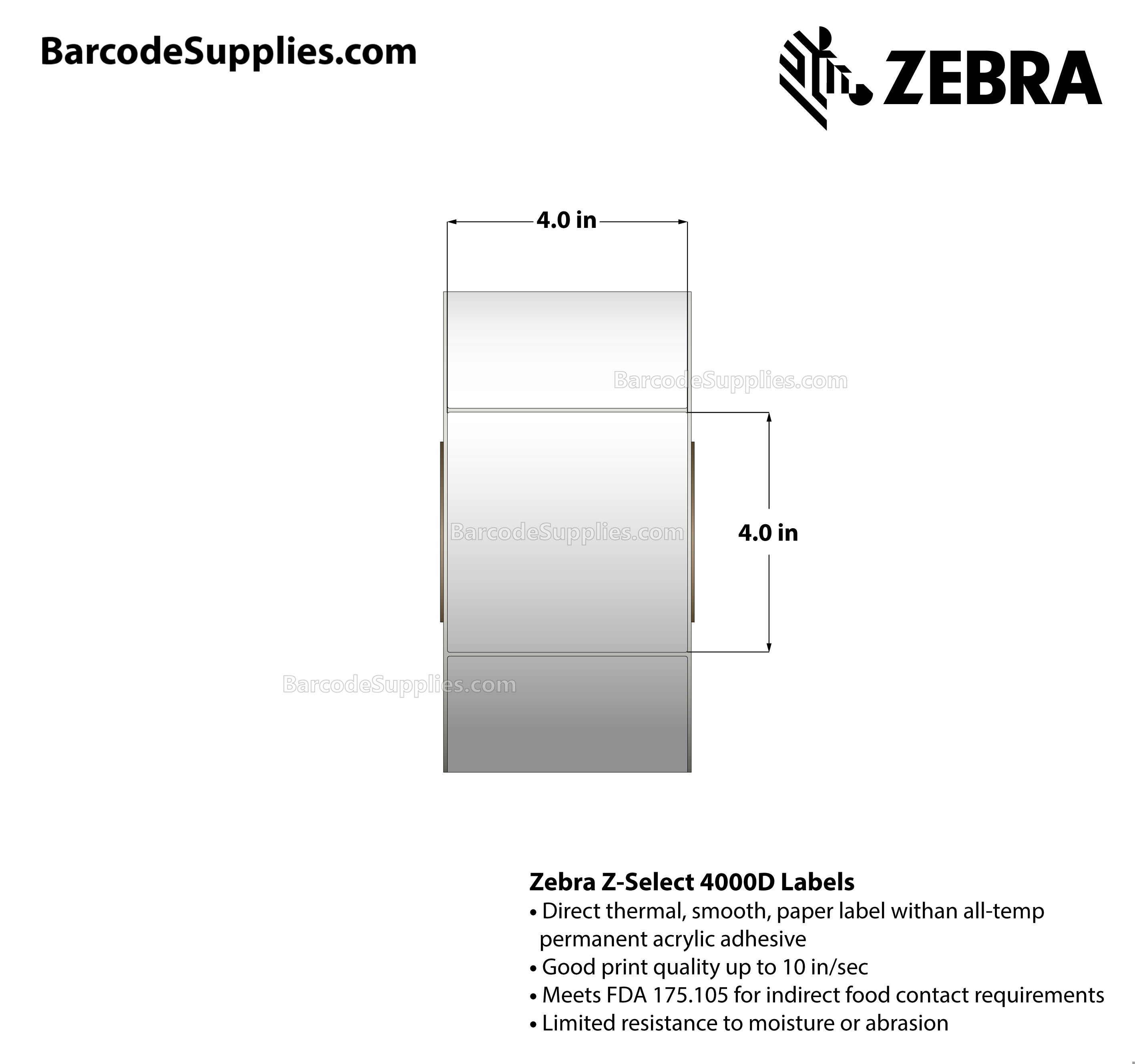 4 x 4 Direct Thermal White Z-Select 4000D Labels With All-Temp Adhesive - Not Perforated - 1400 Labels Per Roll - Carton Of 4 Rolls - 5600 Labels Total - MPN: 82801