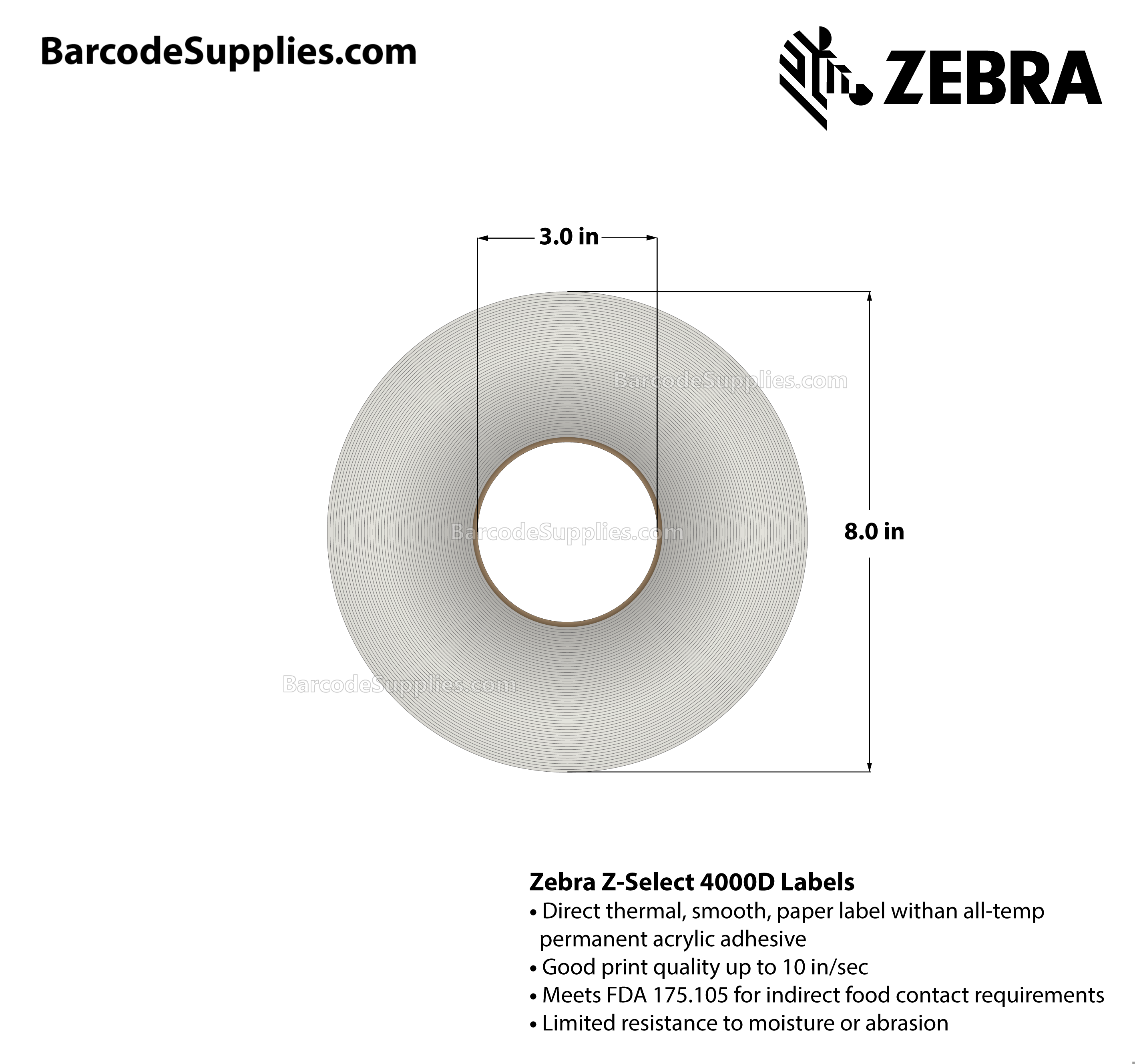 4 x 4 Direct Thermal White Z-Select 4000D Labels With All-Temp Adhesive - Not Perforated - 1400 Labels Per Roll - Carton Of 4 Rolls - 5600 Labels Total - MPN: 82801