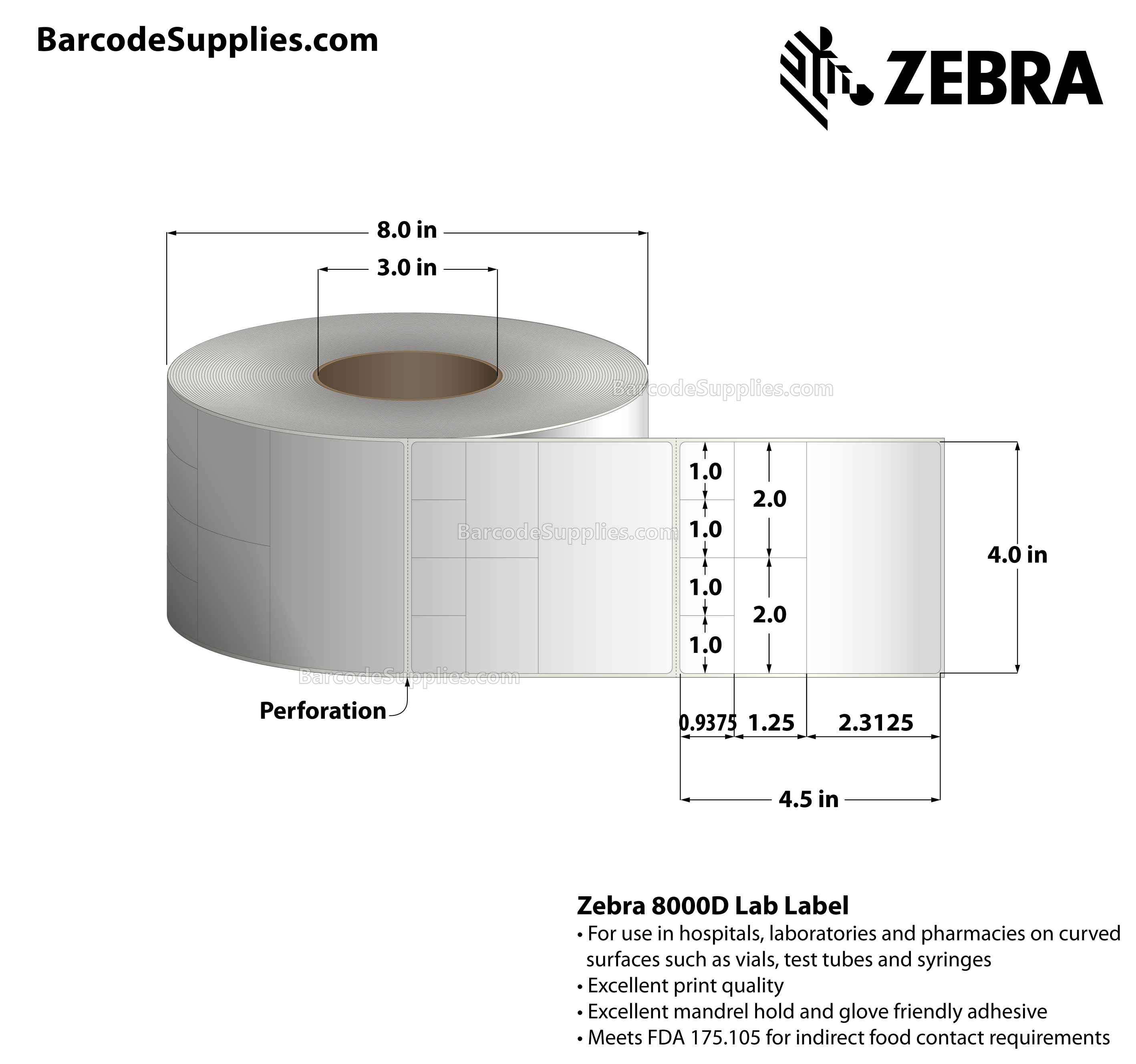 4 x 4.5 Direct Thermal White 8000D Lab Labels With Permanent Adhesive - Perforated - 500 Labels Per Roll - Carton Of 4 Rolls - 2000 Labels Total - MPN: 10025367