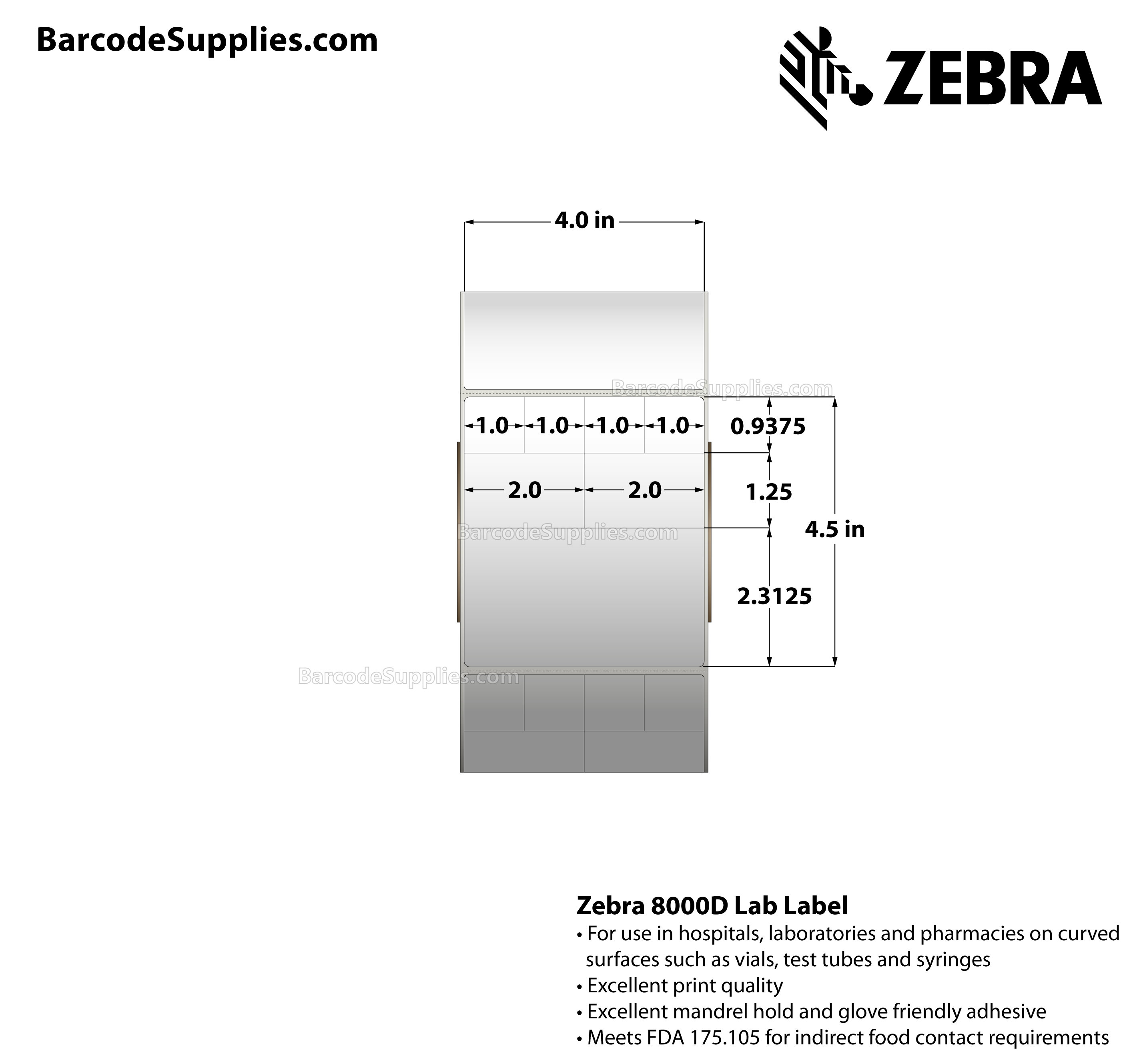 4 x 4.5 Direct Thermal White 8000D Lab Labels With Permanent Adhesive - Perforated - 500 Labels Per Roll - Carton Of 4 Rolls - 2000 Labels Total - MPN: 10025367