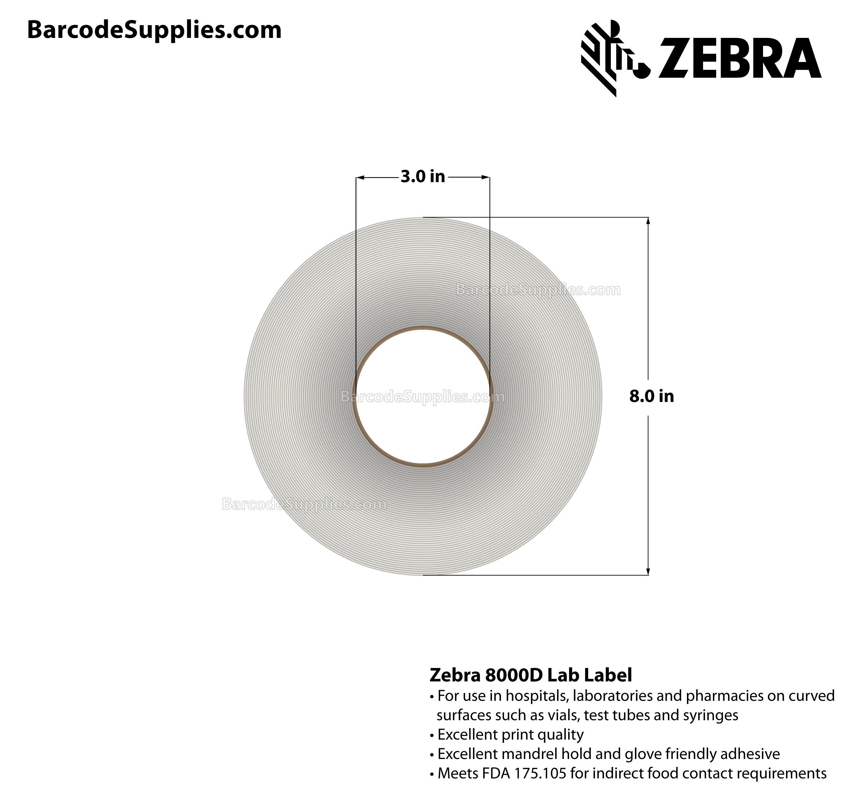 4 x 4.5 Direct Thermal White 8000D Lab Labels With Permanent Adhesive - Perforated - 500 Labels Per Roll - Carton Of 4 Rolls - 2000 Labels Total - MPN: 10025367