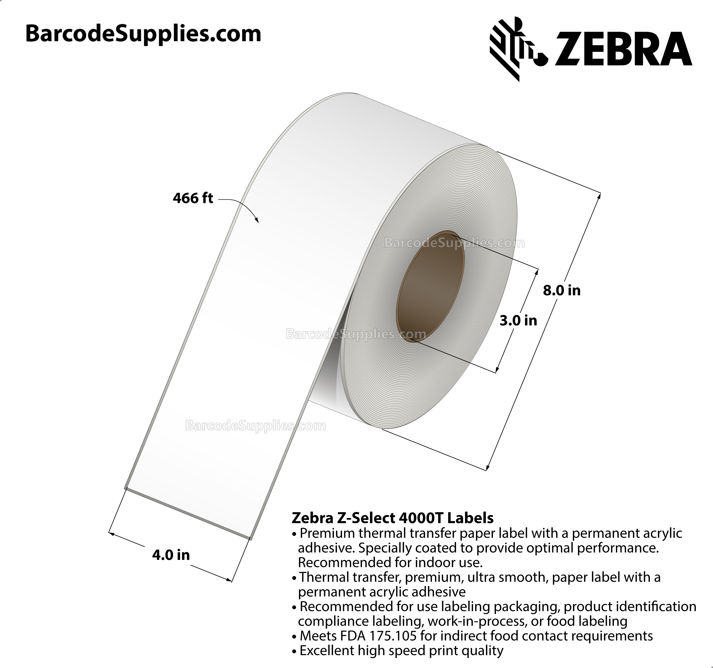 4 x 466' Thermal Transfer White Z-Select 4000T Labels With Permanent Adhesive - Continuous - Labels Per Roll - Carton Of 4 Rolls - 0 Labels Total - MPN: 98962