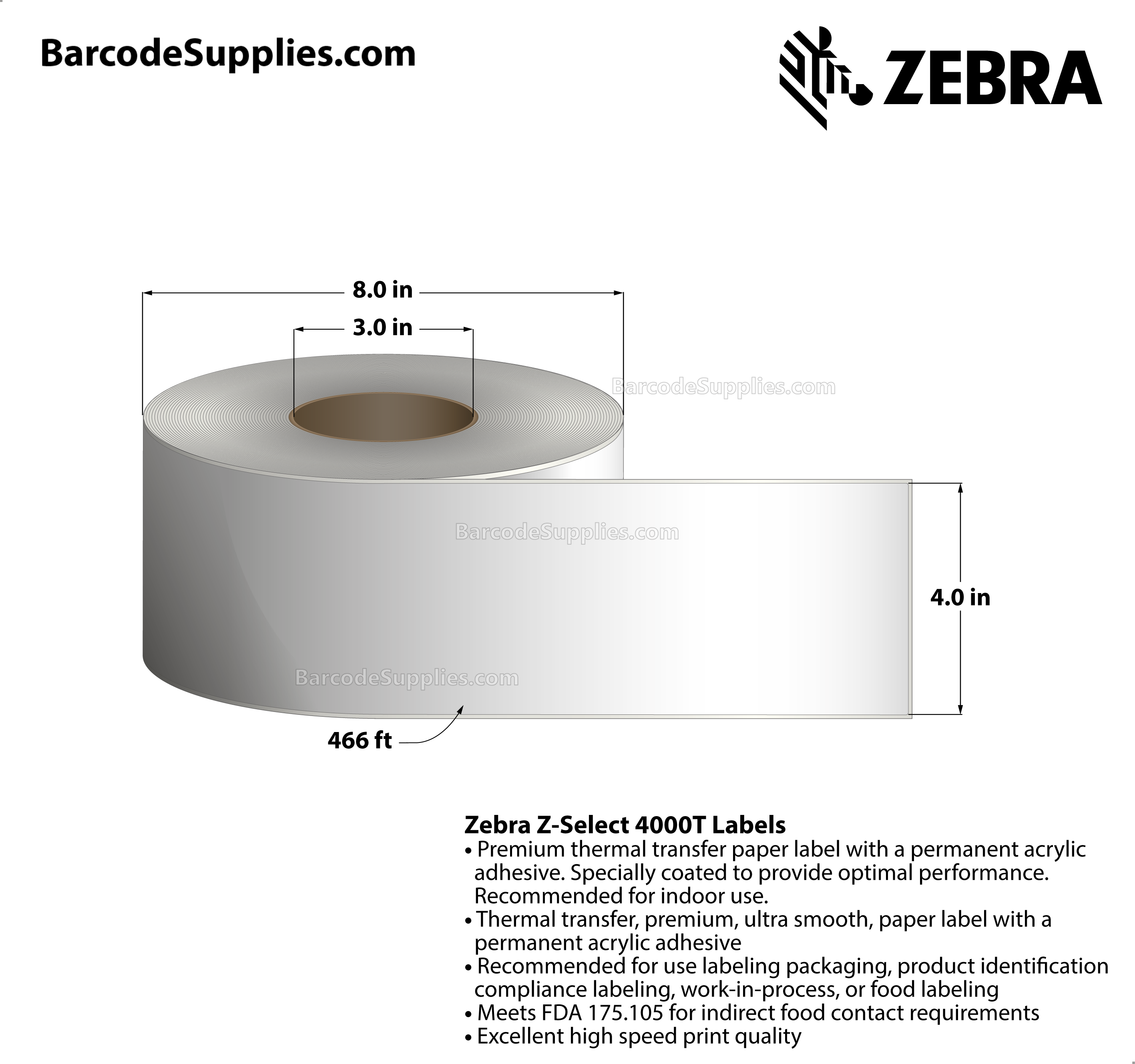4 x 466' Thermal Transfer White Z-Select 4000T Labels With Permanent Adhesive - Continuous - Labels Per Roll - Carton Of 4 Rolls - 0 Labels Total - MPN: 98962