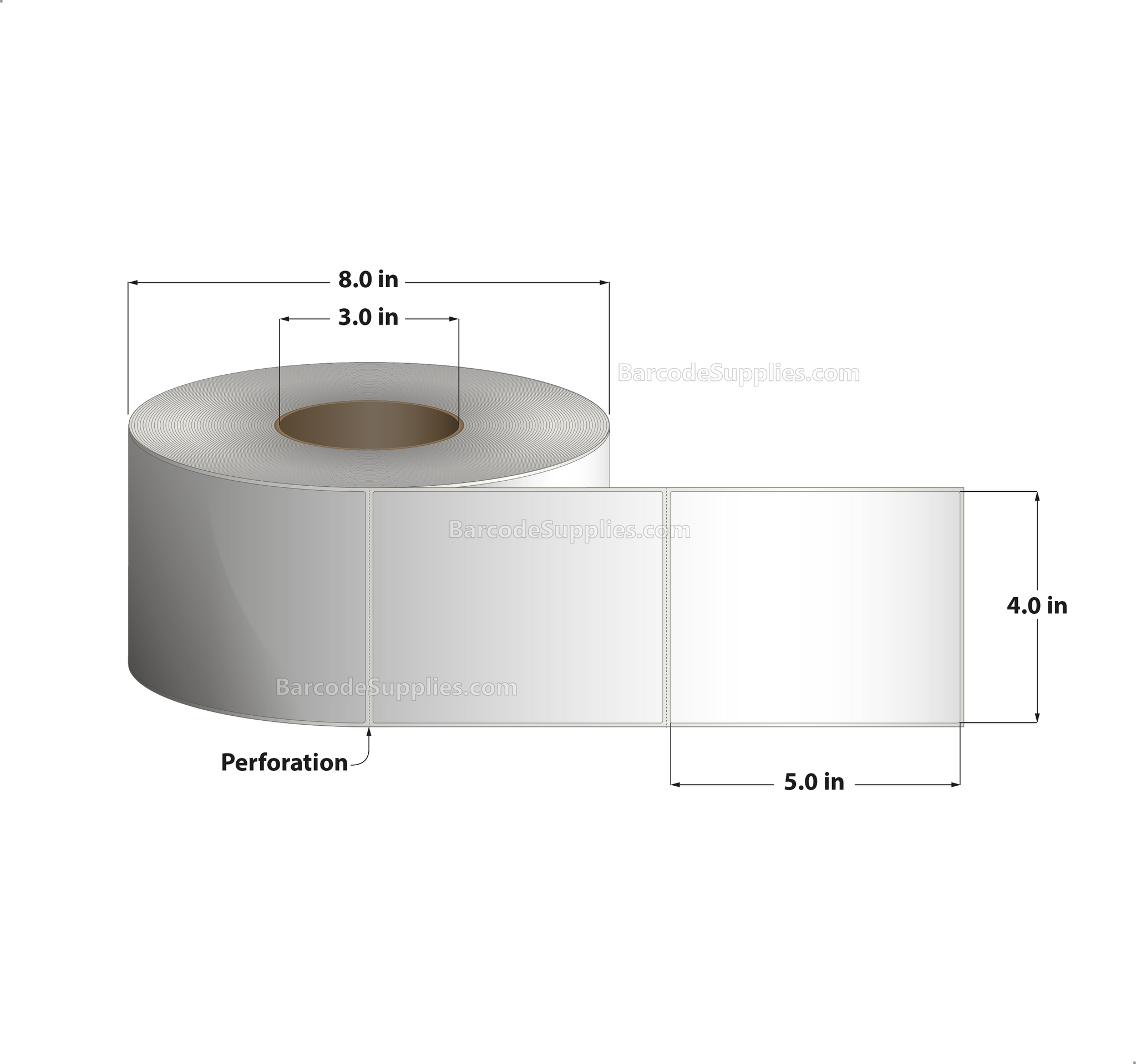 Products 4 x 5 Thermal Transfer White Labels With Permanent Adhesive - Perforated - 1200 Labels Per Roll - Carton Of 4 Rolls - 4800 Labels Total - MPN: RT-4-5-1200-3