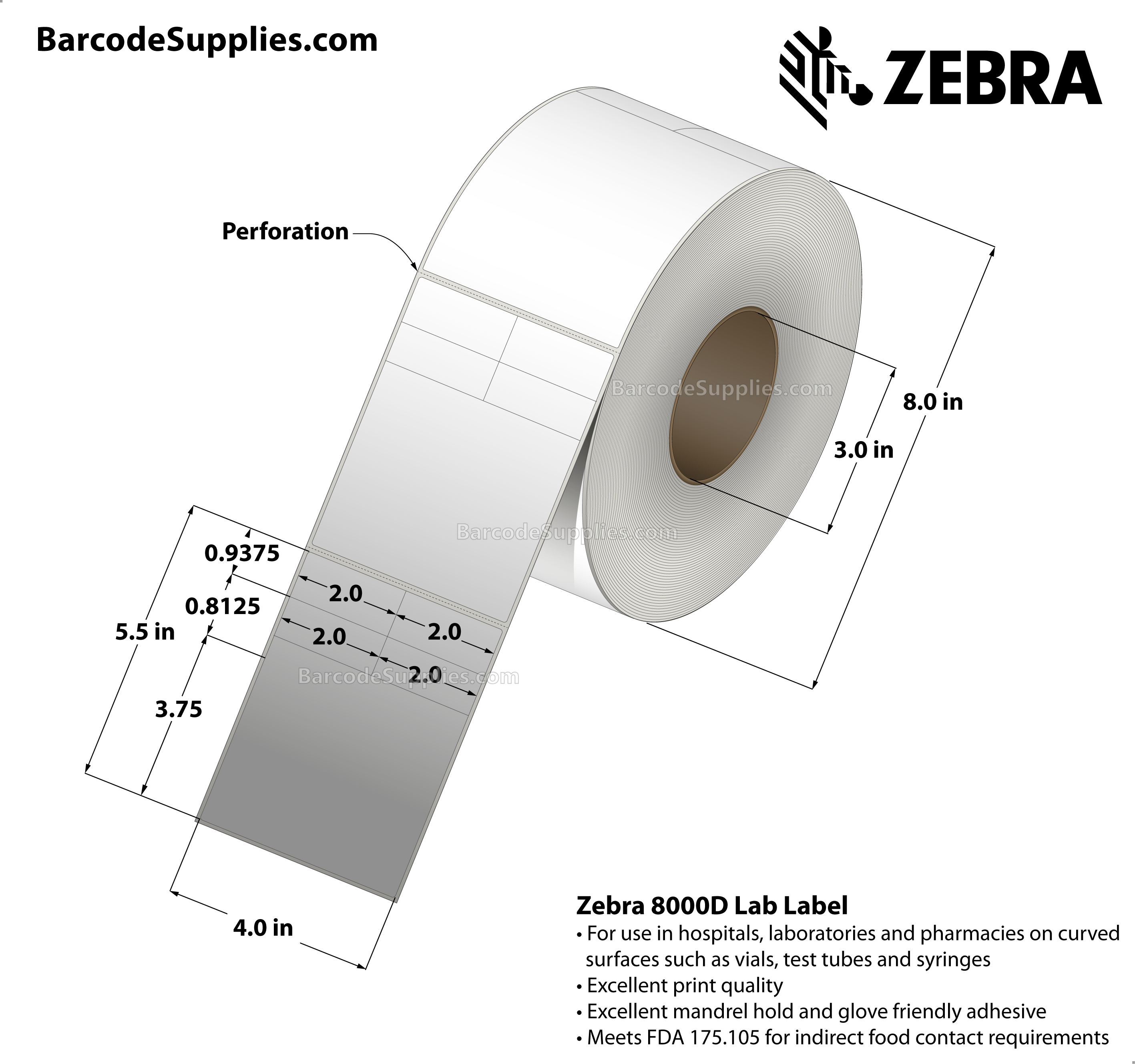4 x 5.5 Direct Thermal White 8000D Lab Labels With High-tack Adhesive - Perforated - 1050 Labels Per Roll - Carton Of 4 Rolls - 4200 Labels Total - MPN: 10018338
