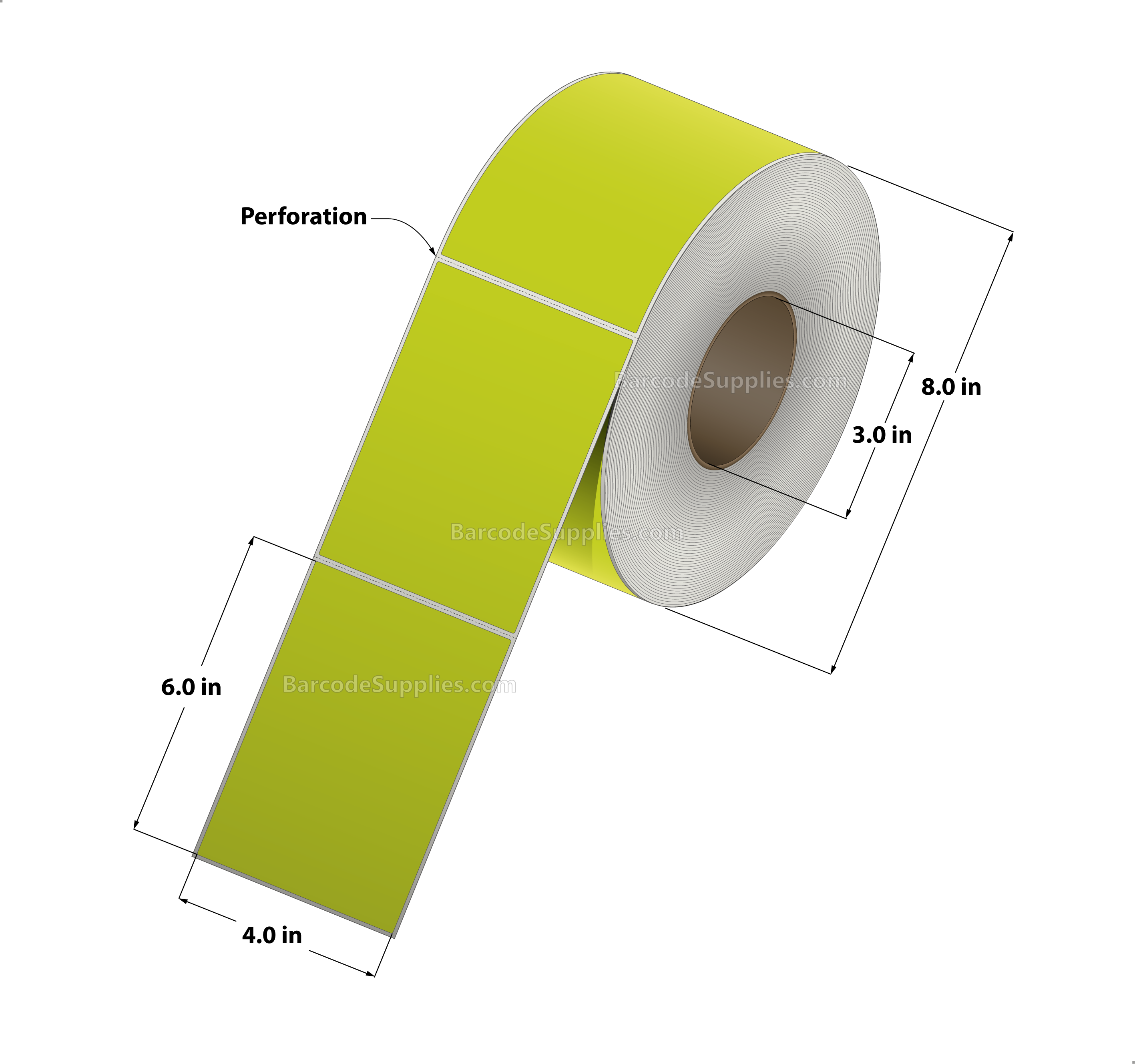 4 x 6 Thermal Transfer Fluorescent Chartreuse Labels With Permanent Adhesive - Perforated - 1000 Labels Per Roll - Carton Of 4 Rolls - 4000 Labels Total - MPN: FL-4-6-1000-CH