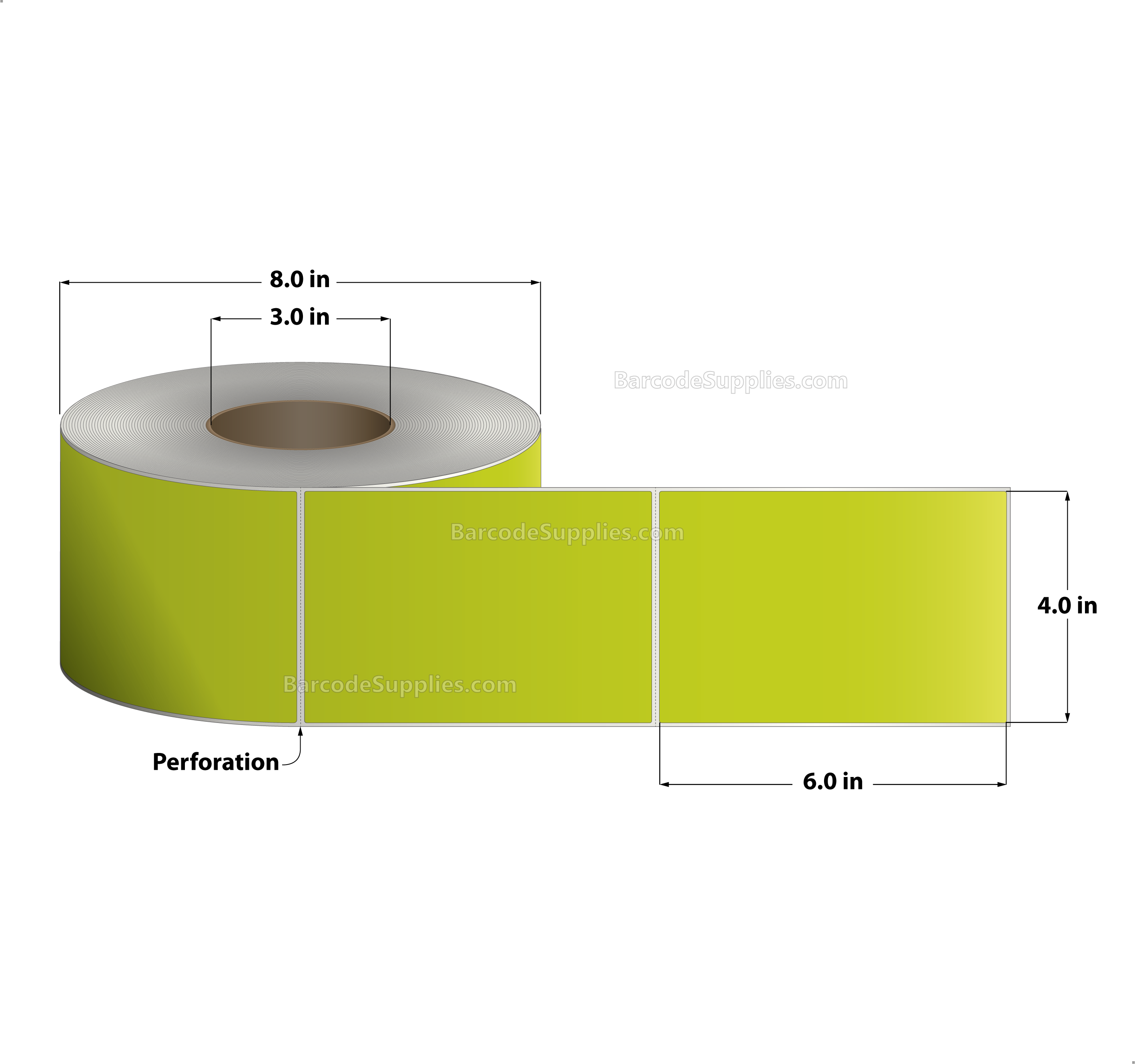 4 x 6 Thermal Transfer Fluorescent Chartreuse Labels With Permanent Adhesive - Perforated - 1000 Labels Per Roll - Carton Of 4 Rolls - 4000 Labels Total - MPN: FL-4-6-1000-CH